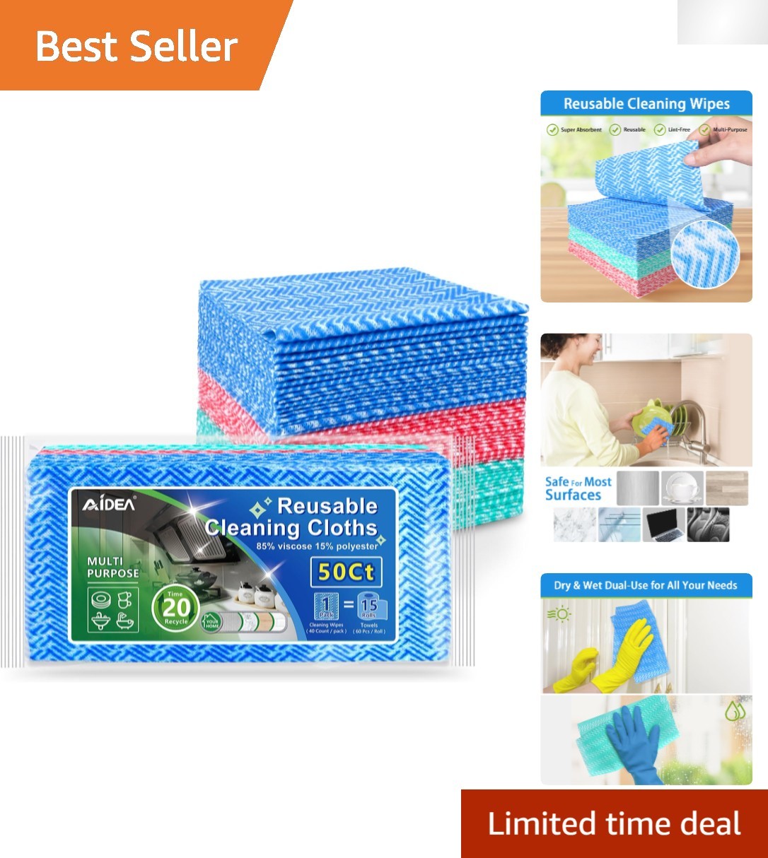50 Count Lint-Free Reusable Cleaning Wipes, 12×12 Inch Multi-Purpose Towels