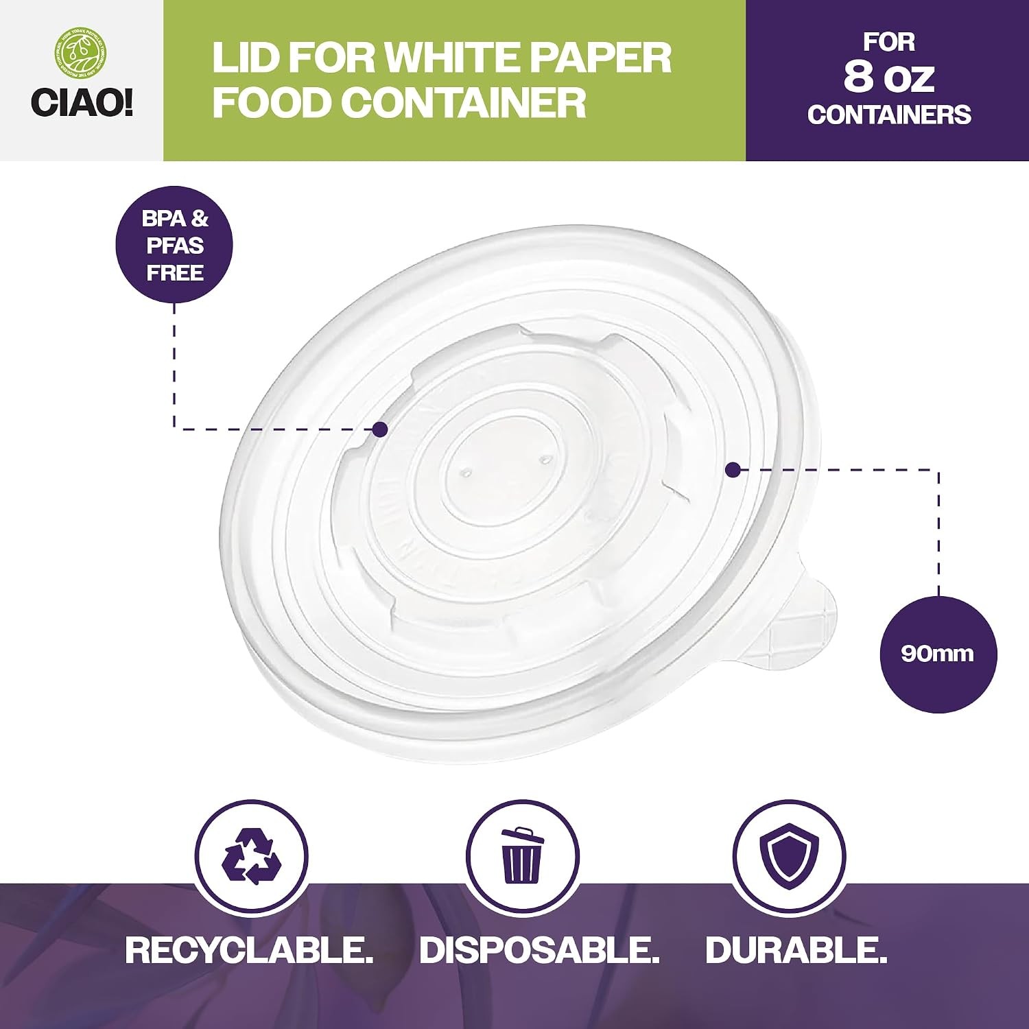 CIAO! 90mm Diameter PP Lid, Designed and Fit BRAND 8oz Paper Food Container (1