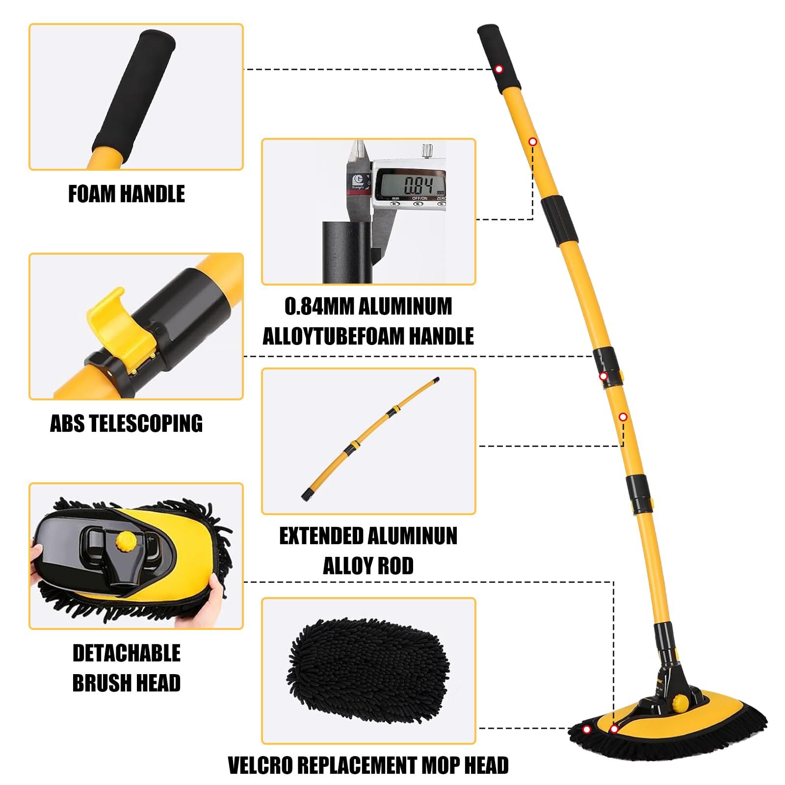 55″ Long Handle Car Wash Brush Mop Kit for Cars RV Trucks Boats