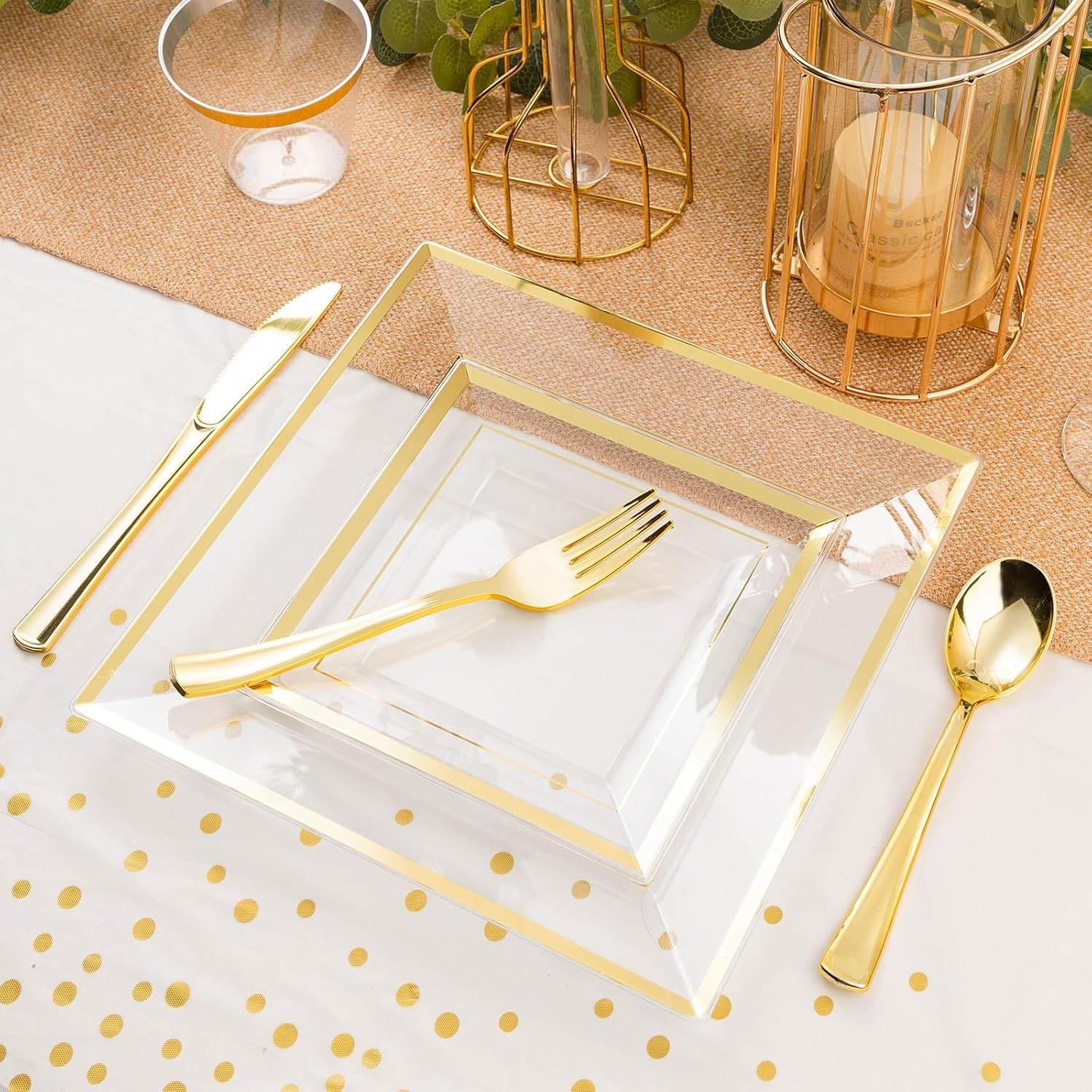 Goodluck 352 Pieces Clear Gold Dinnerware Set for 50 Guests, Clear Square Plas
