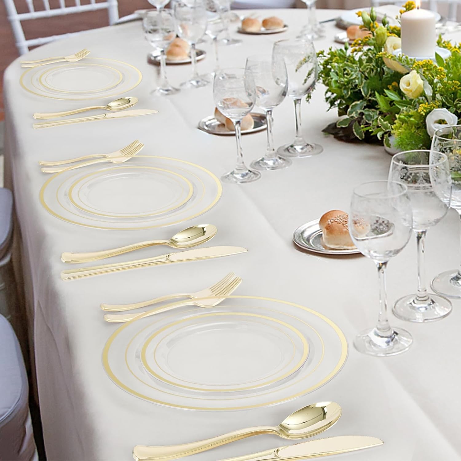 BESTVIP 600PCS Clear Gold Plastic Plate Set (100 Guests), Plastic Plates for P