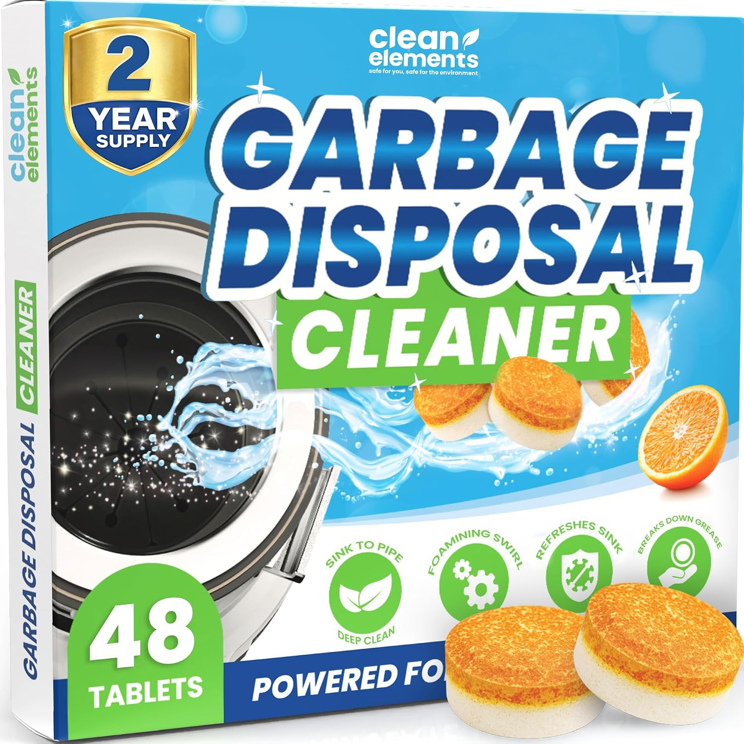 Garbage Disposal Cleaner & Deodorizer Tablets, XL Foaming Citrus, 48 | for Sink