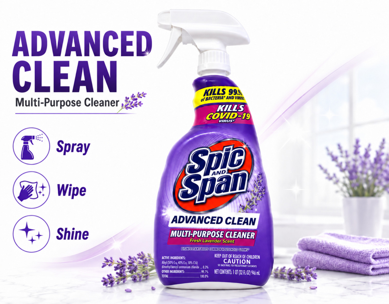 Spic & Span Advanced Clean Multi-Purpose Cleaner Spray Lavender 32 oz 3 Pack