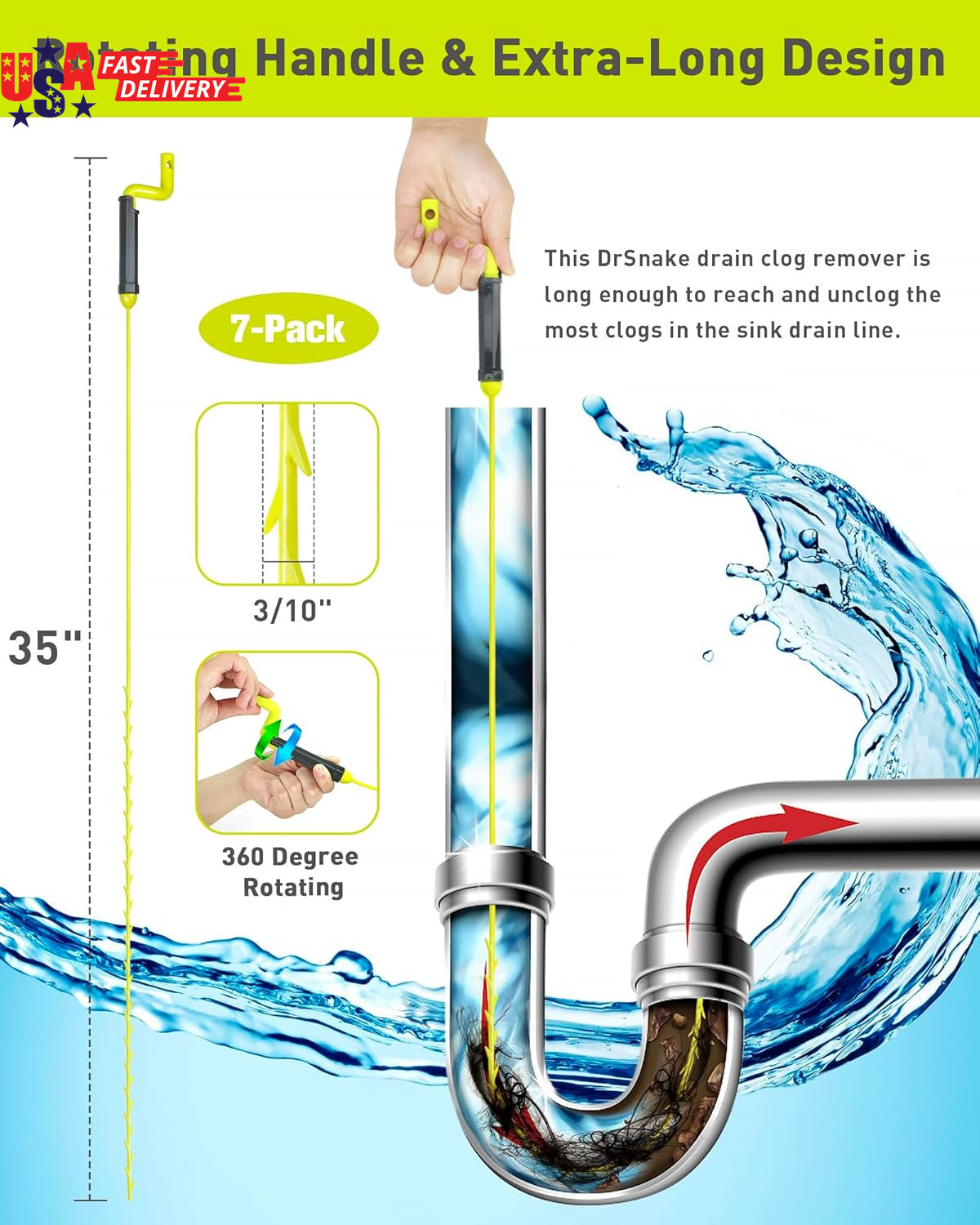 35Inch Drain Clog Remover, Drain Cleaner Hair Clog Remover with Rotating Handle
