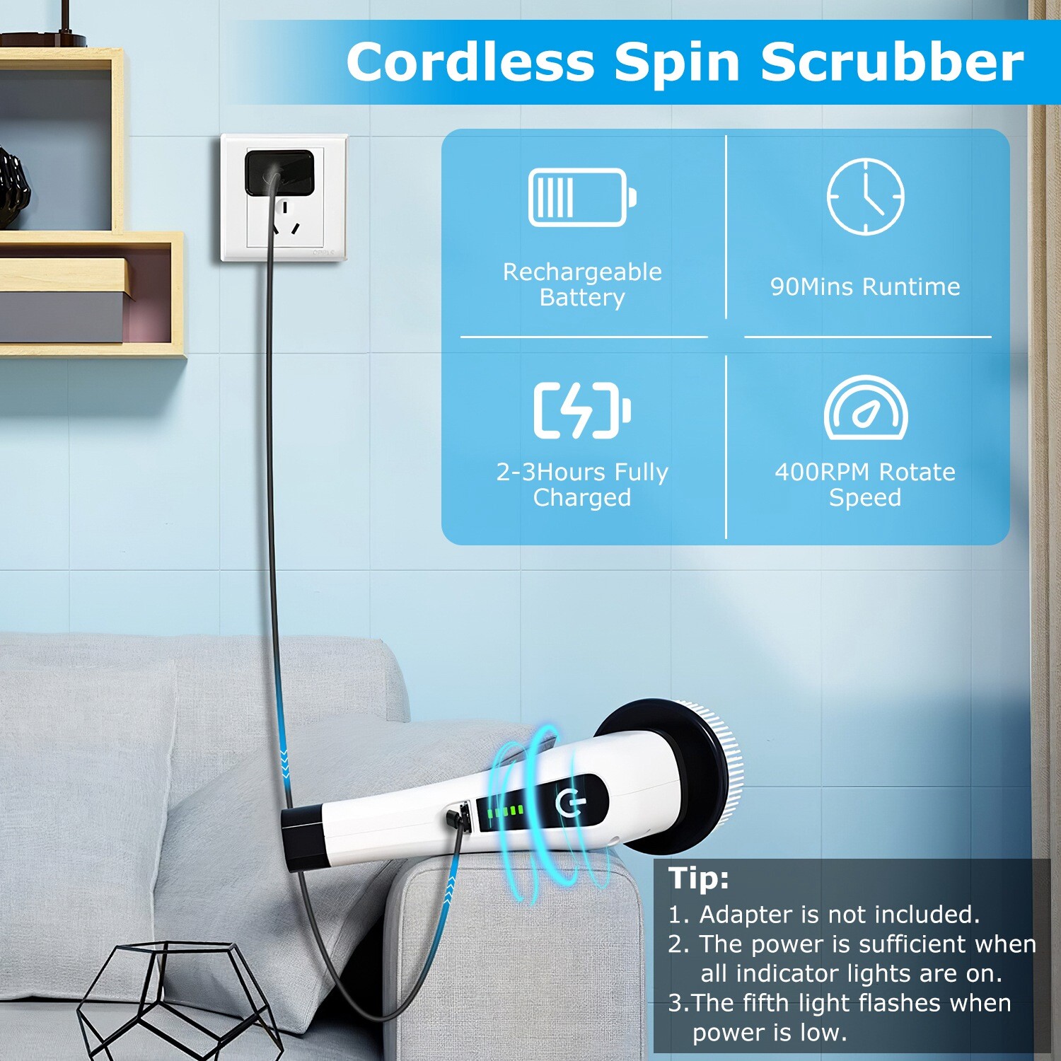 Rechargeable Electric Spin Scrubber Cordless Telescopic Cleaning Brush w/8 heads