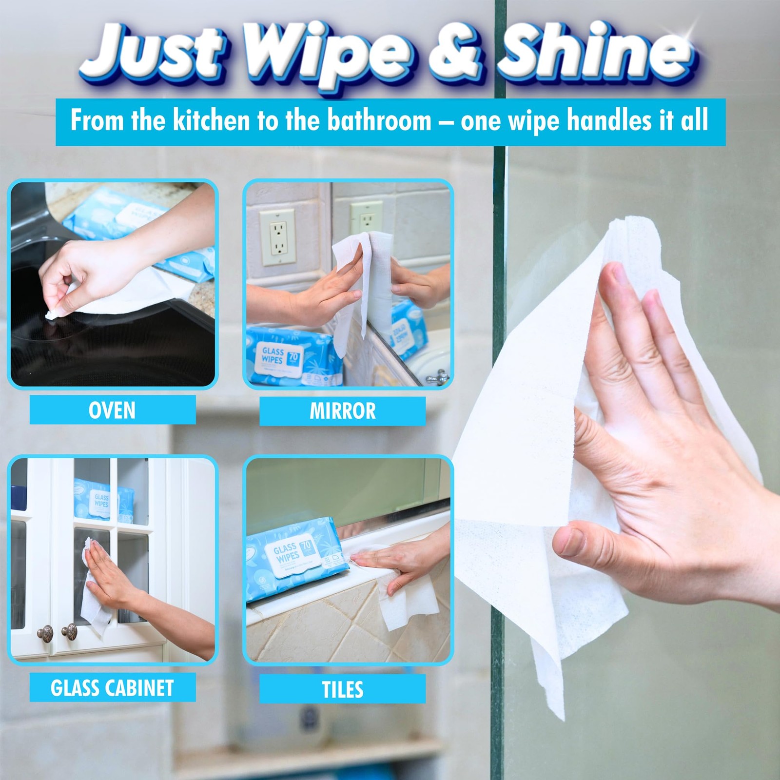 Glass Cleaner Wipes for Auto Window Mirror 70 Count, Ammonia-free, Streak-fre…