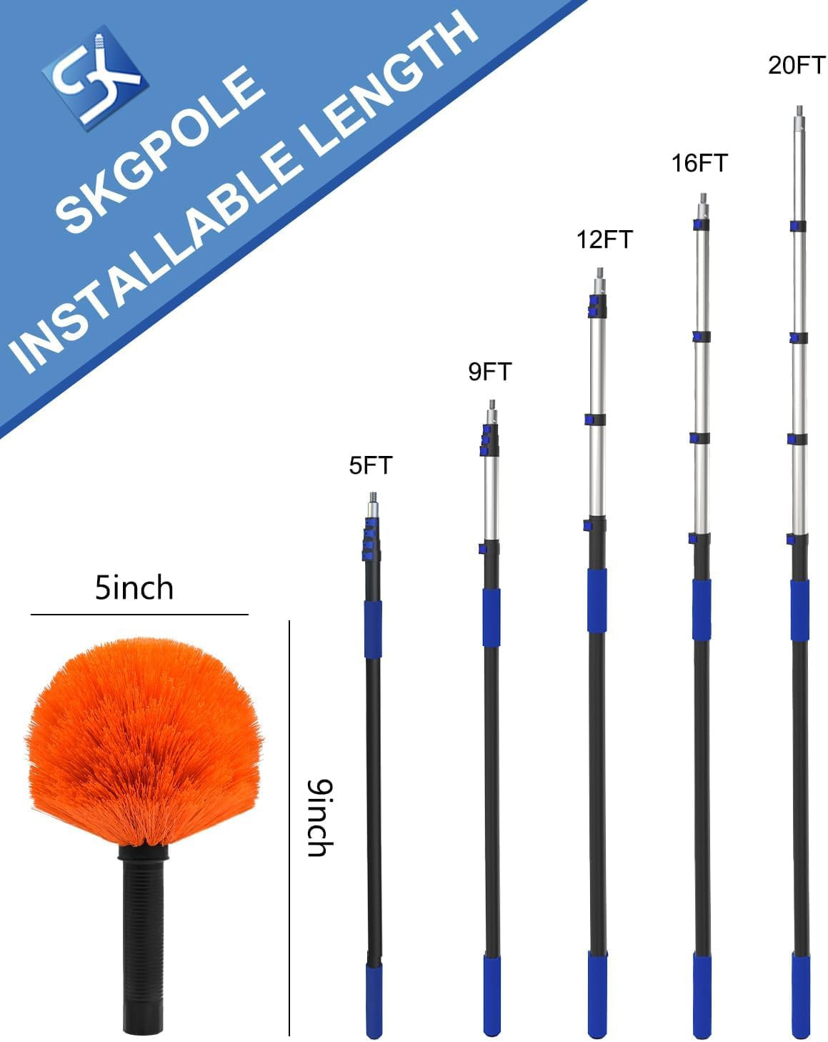 26FT Reach Cobweb Duster, Outdoor Spider Web Cleaner Brush with 5-20FT Telescopi