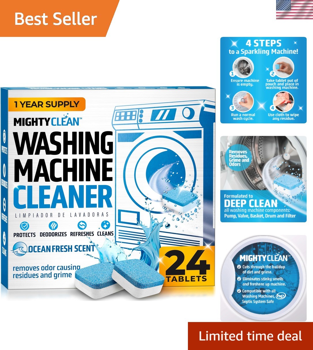 Deep Cleaning Washing Machine Tablets – 24 Count, Keeps Washers Fresh -Round
