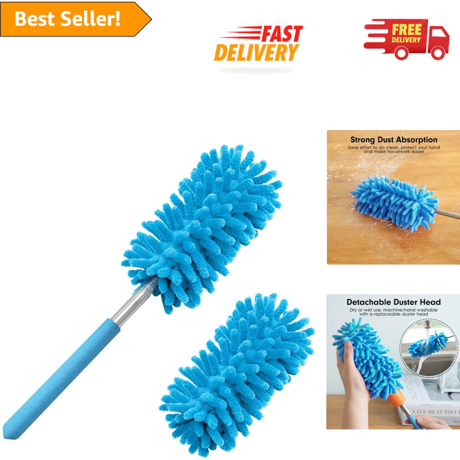 Multi-Purpose Microfiber Duster for Office & Home—Comes with 2 Replaceable Heads