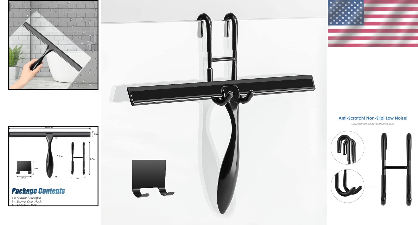 12-Inch Black Shower Squeegee Set with Hook – Streak-Free Cleaning Solution