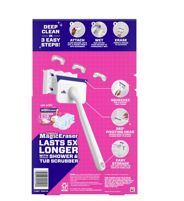 Mr. Clean Shower & Tub Scrubber, Starter Kit, 1 Scrubber & 2 Erasers