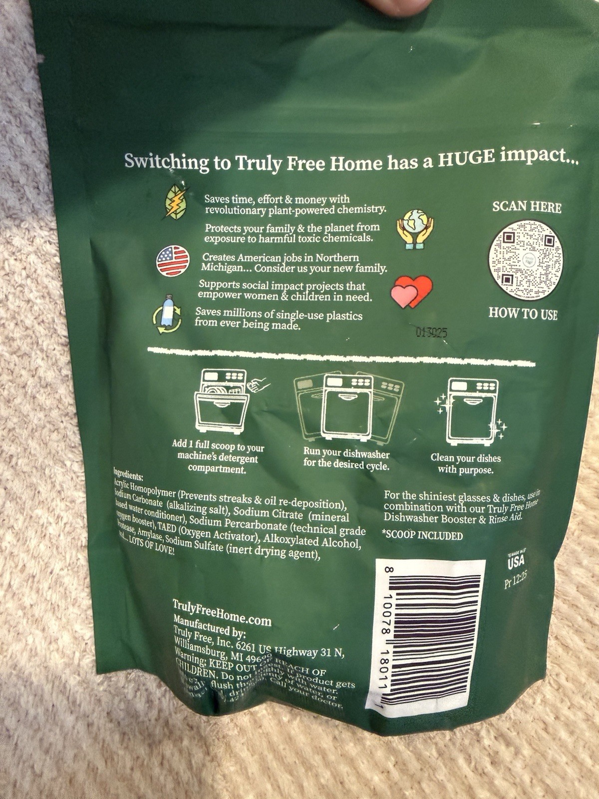 2 Pack Truly Free Home Non-Toxic Dishwasher Soap 12.5 oz 25 Loads Plant-Based