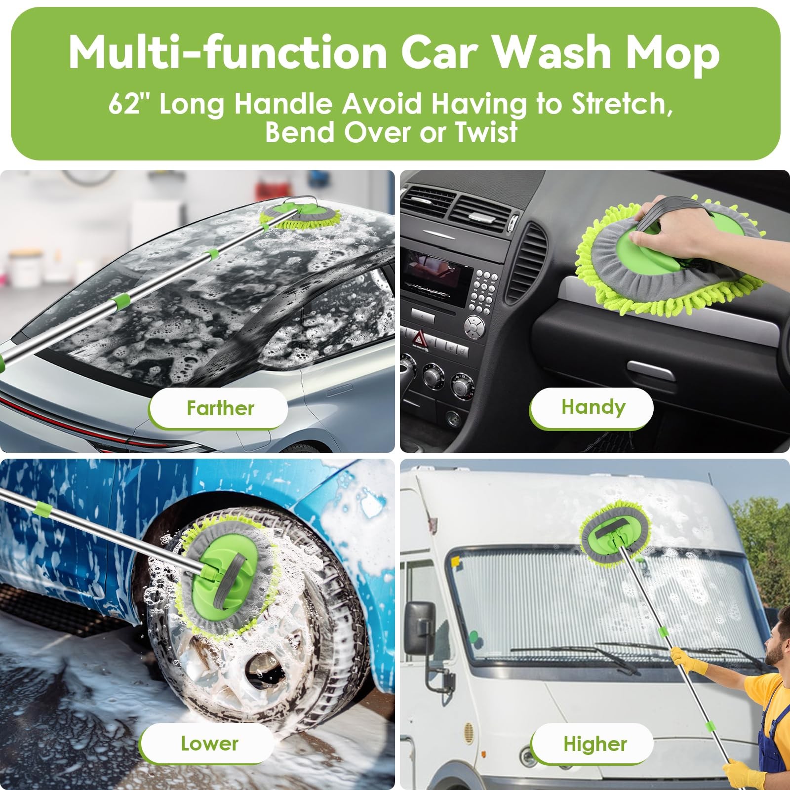 2 Pack Car Wash Brush with Long Handle, 62″ Microfiber Car Wash Mop and Car W…