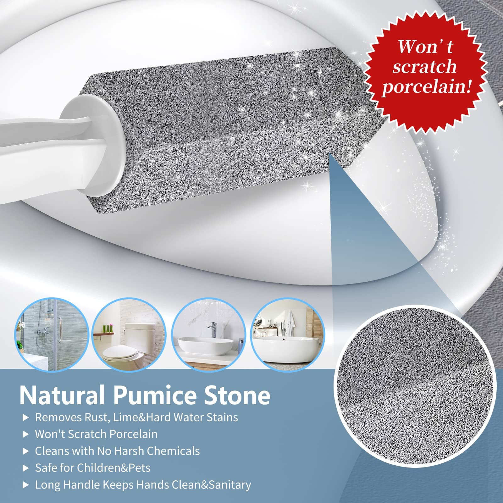 2 Pack Pumice Stone with Handle for Cleaning Toilet Bowl Ring Hard Water Stains