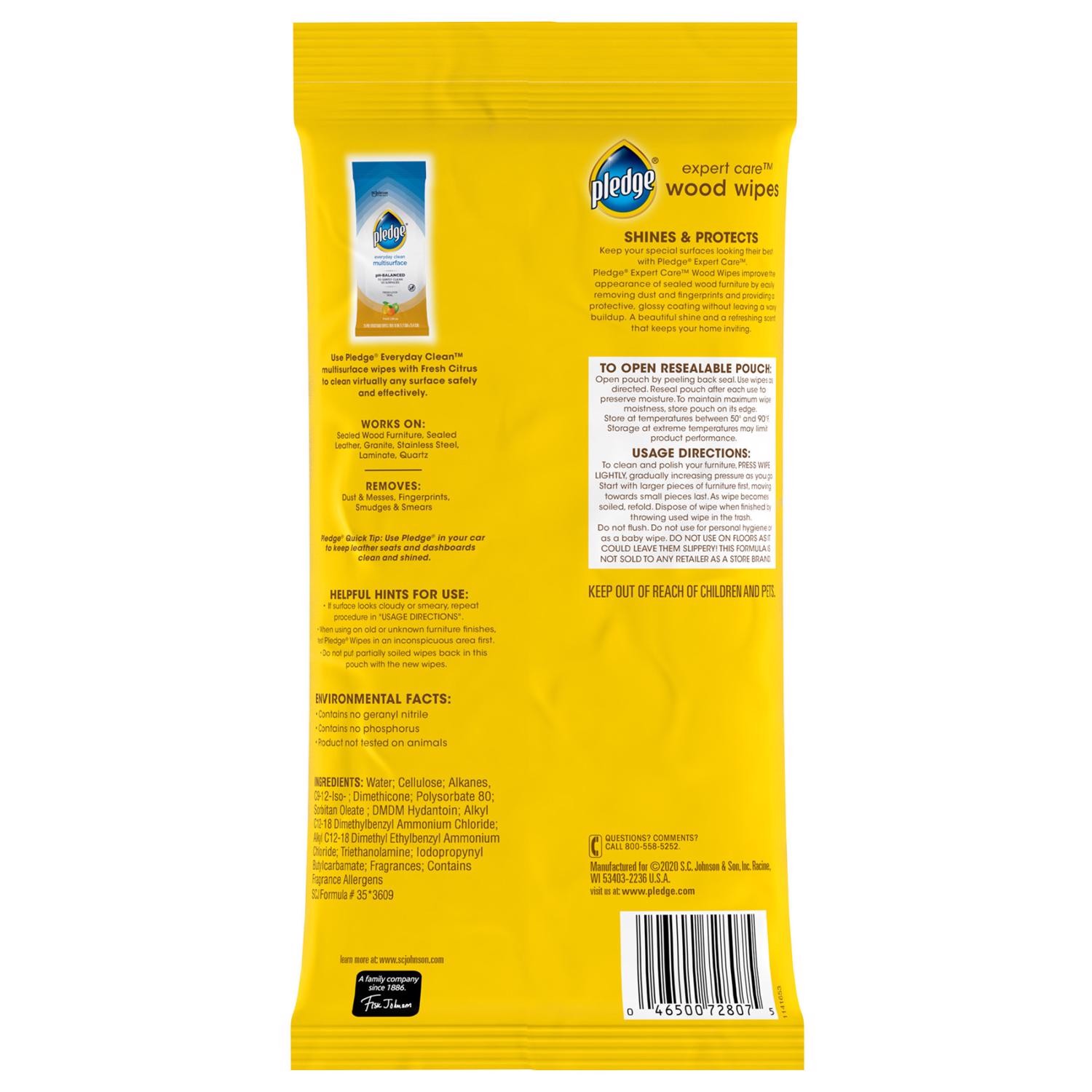 Pledge 72807 Lemon Scented Pre-Moistened Cloth Wipes 7 x 10 in. 24 ct