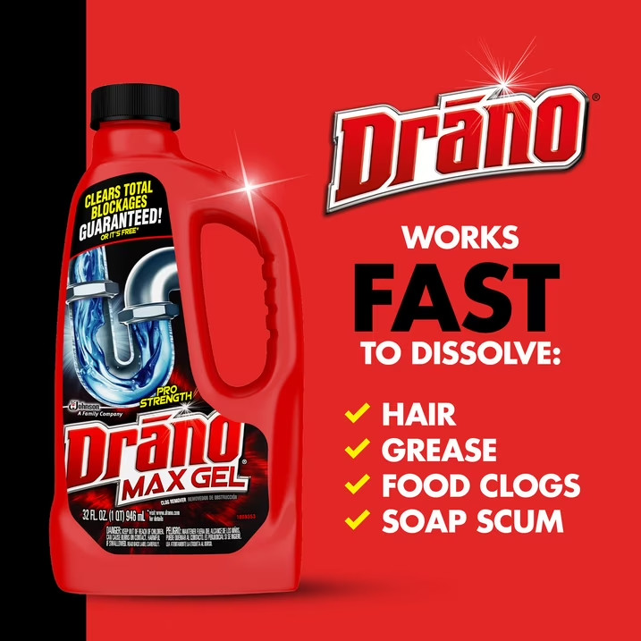 Drano Max Gel Drain Clog Remover, 32 oz – Unclogs Showers and Sinks.