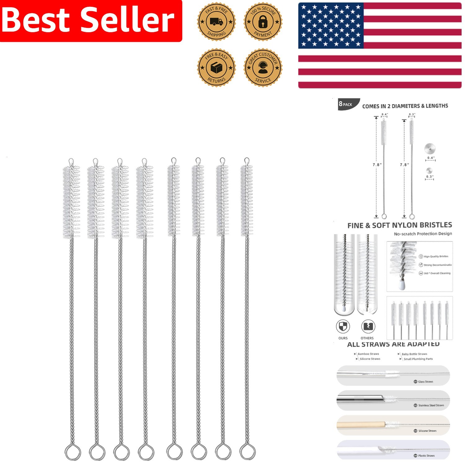 Multi-Purpose Straw Brush Set, 8pc Reusable Nylon Stainless Steel Cleaning Tube