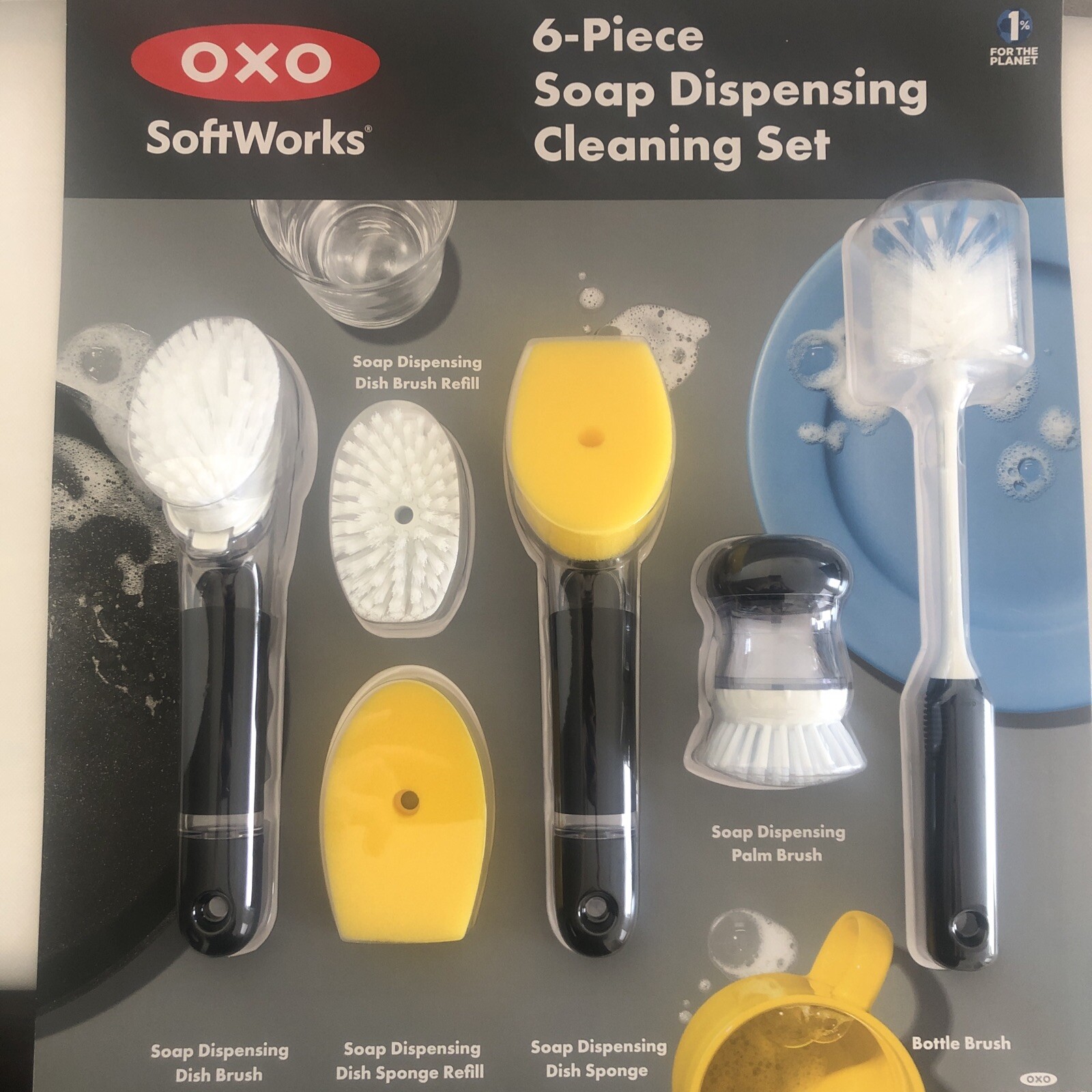 New OXO Softworks Goodgrips 6 Piece Soap Dispensing Cleaning Set Dish Brush