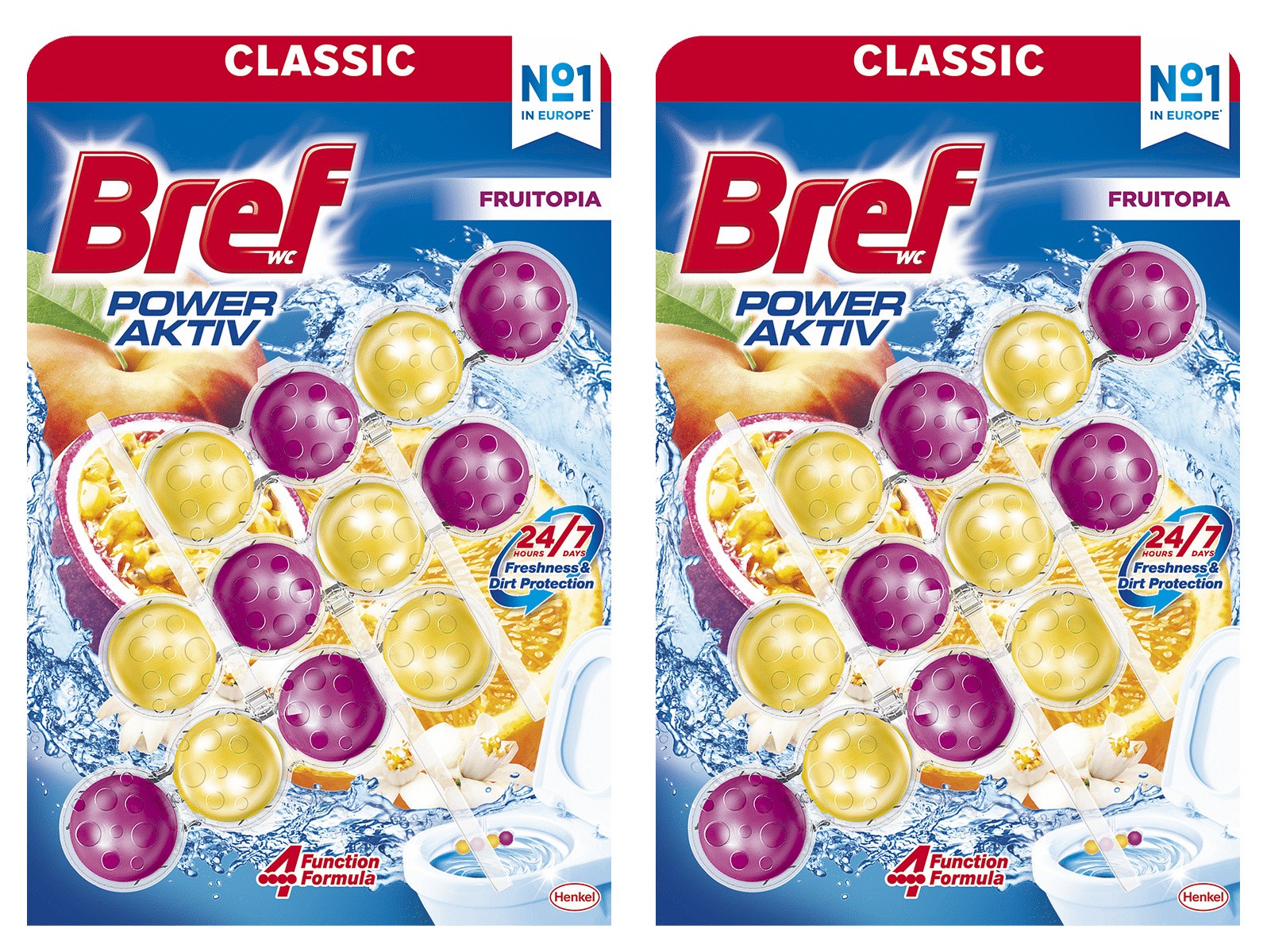 2 BREF POWER AKTIV FRUITOPIA WC Toilet Refreshing Cleaning Hanger Packs 150g