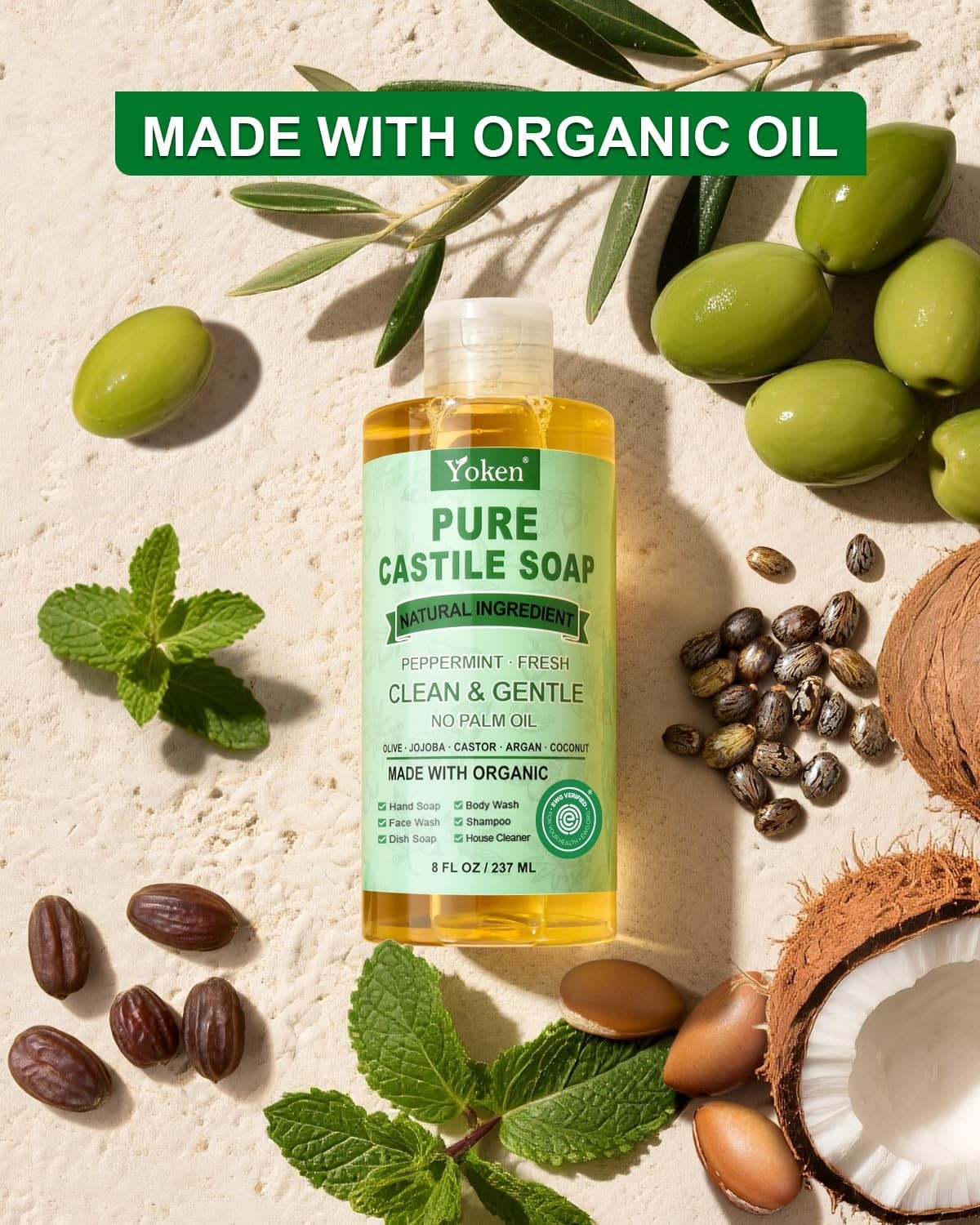 Peppermint Castile Soap Liquid 8 OZ, Made with Certified Organic Oils, Gentle