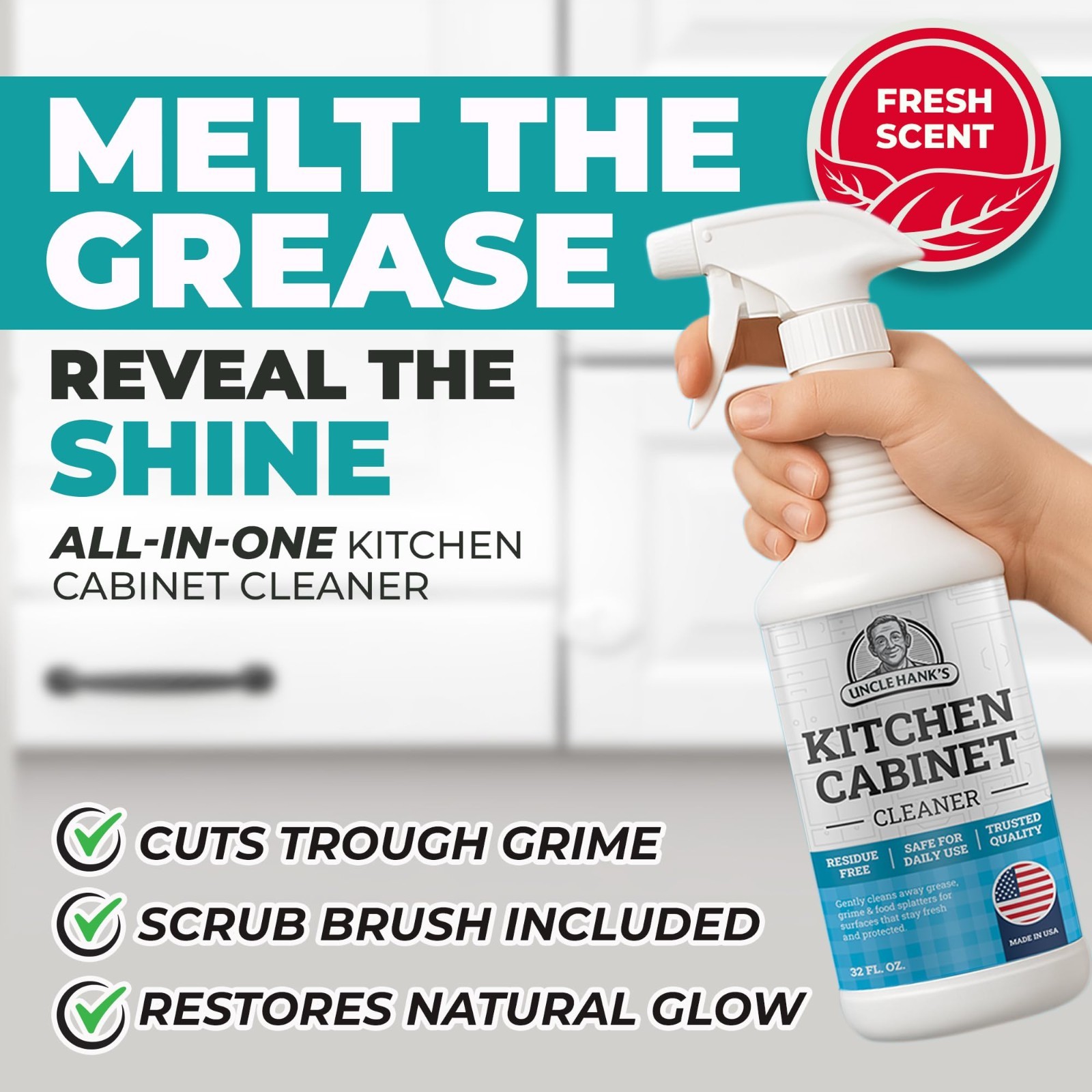 Gentle Kitchen Cabinet Cleaner – Residue-Free Degreaser & Grime Remover 32oz