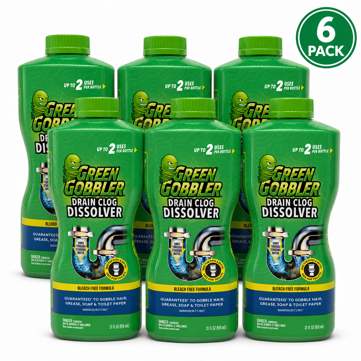 Green Gobbler Drain Clog Dissolver Bleach Free Formula Hair Grease Soap 6 Pack