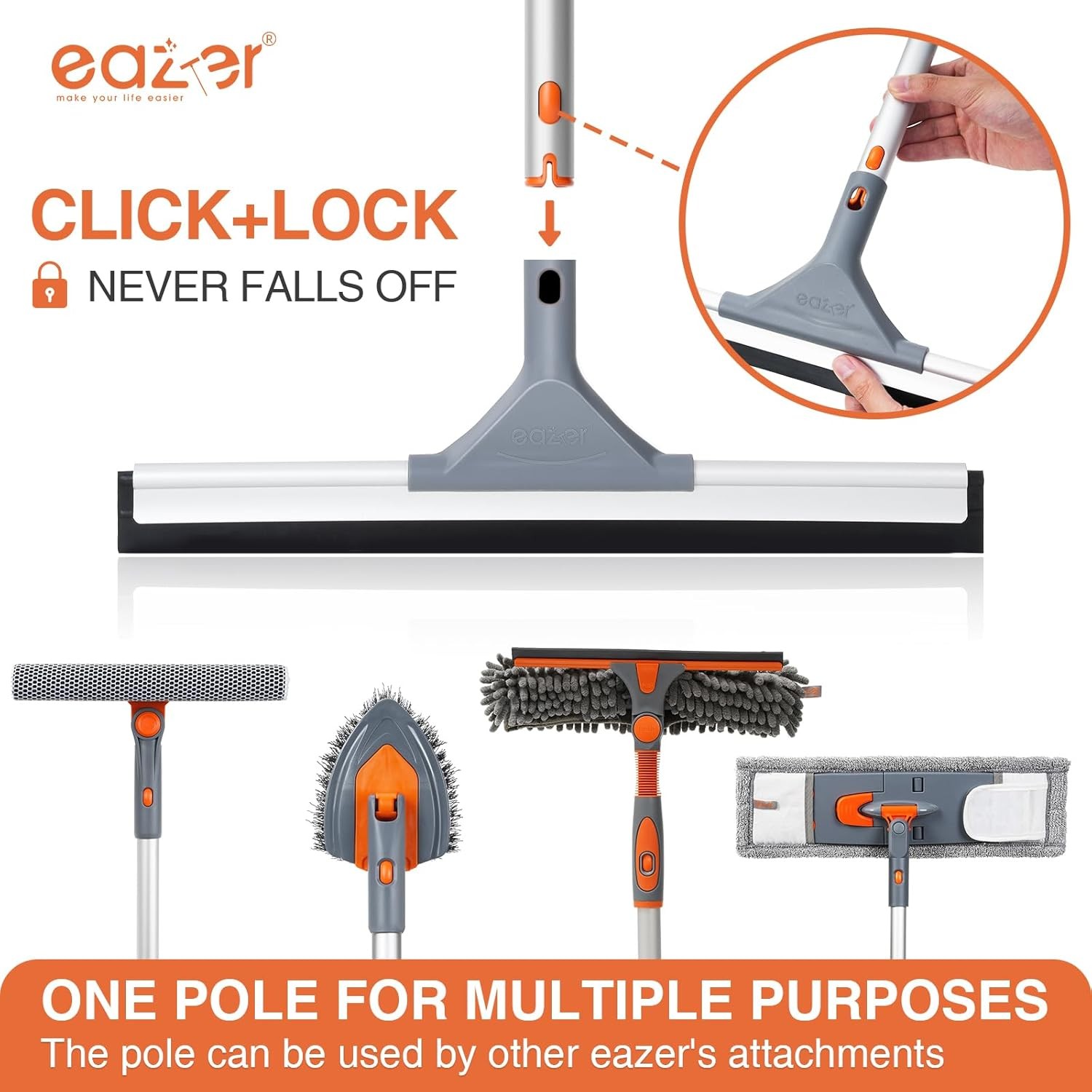 Eazer Floor Squeegee Broom: Heavy Duty Scrubber with Extendable 60” Aluminum Po