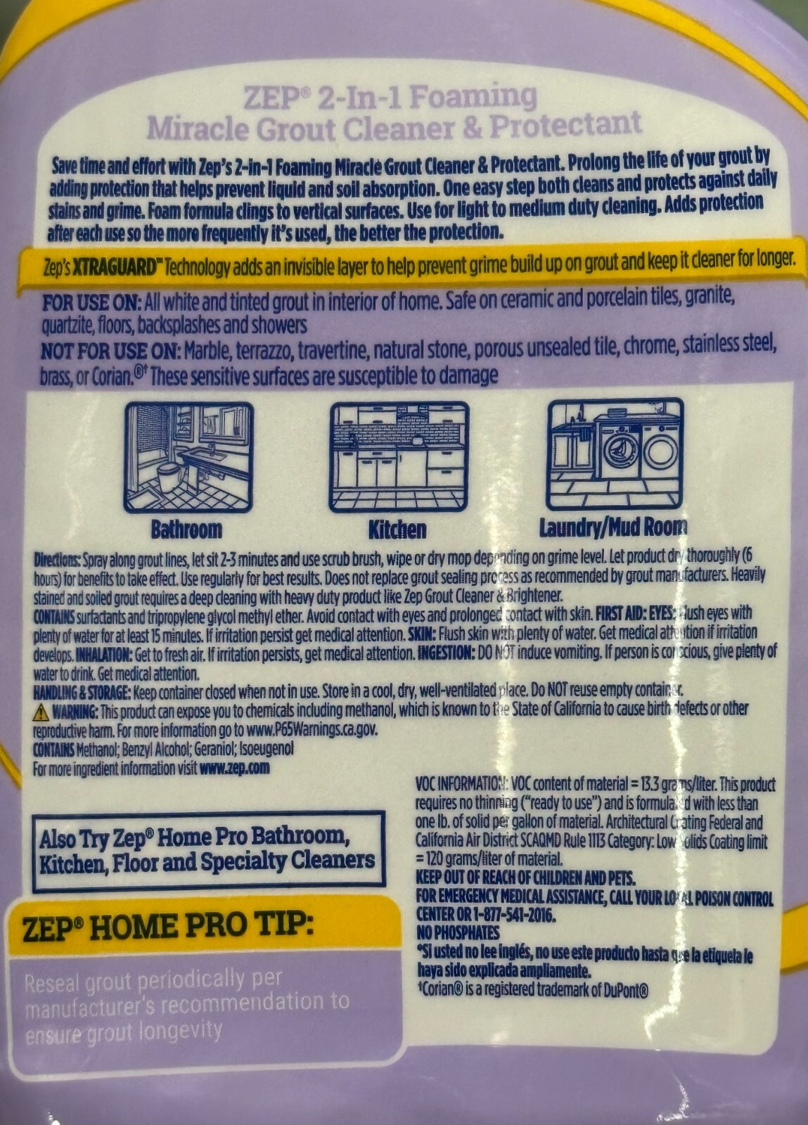 Zep PRO 2-in-1 FOAMING MIRACLE GROUT CLEANER & PROTECTANT 946ml Morning Dew
