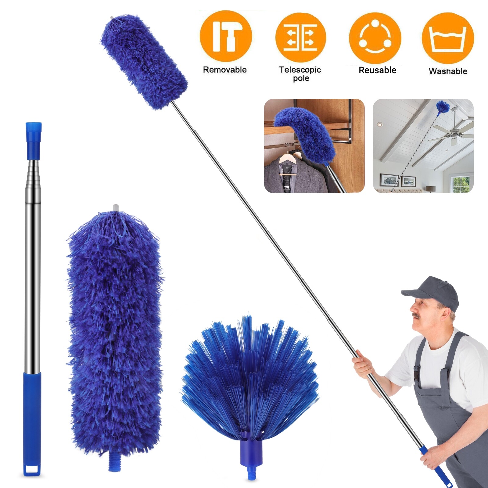 Extendable Microfiber Duster & Cobweb Dusting Brush Cleaning Tool Kit Washable