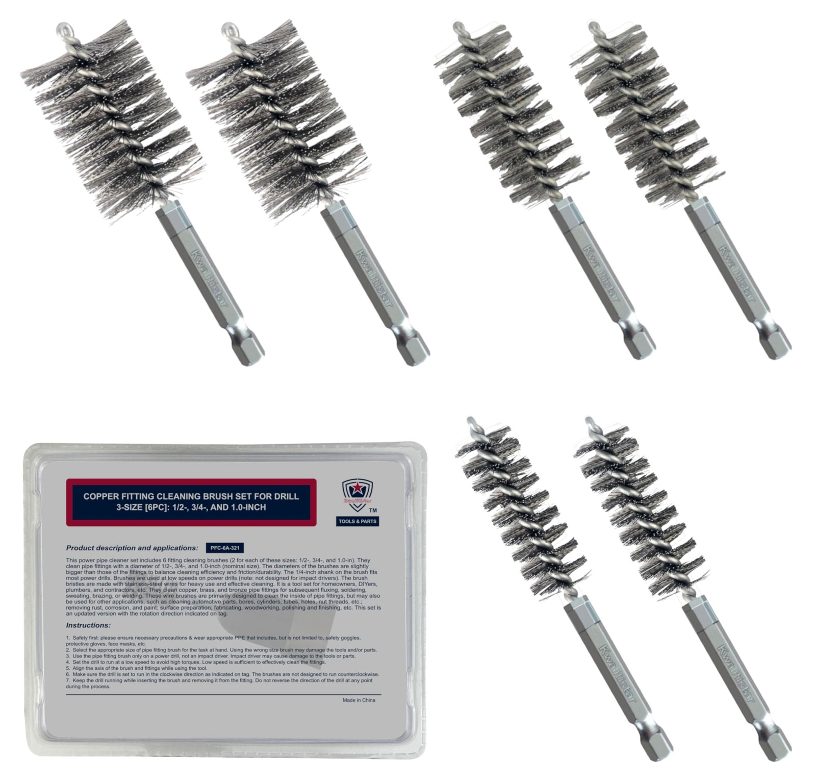 3-Size[6pc] Fitting Cleaning Brush Set (1/2, 3/4, 1.0-inch) Copper Pipe Cleaner