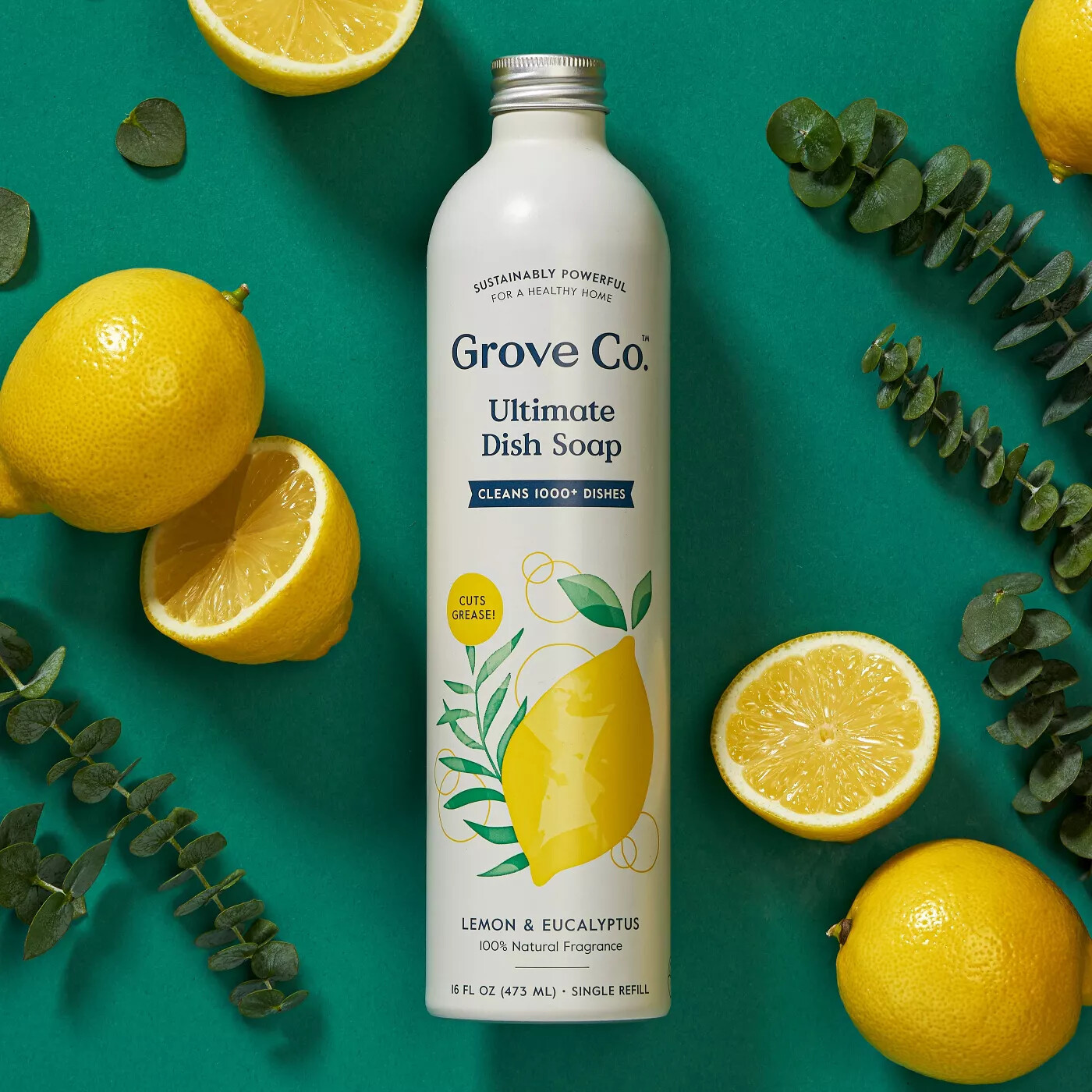Grove Co. Ultimate Dish Soap Refill in Aluminum Bottle – Lemon & Eucalyptus 16oz