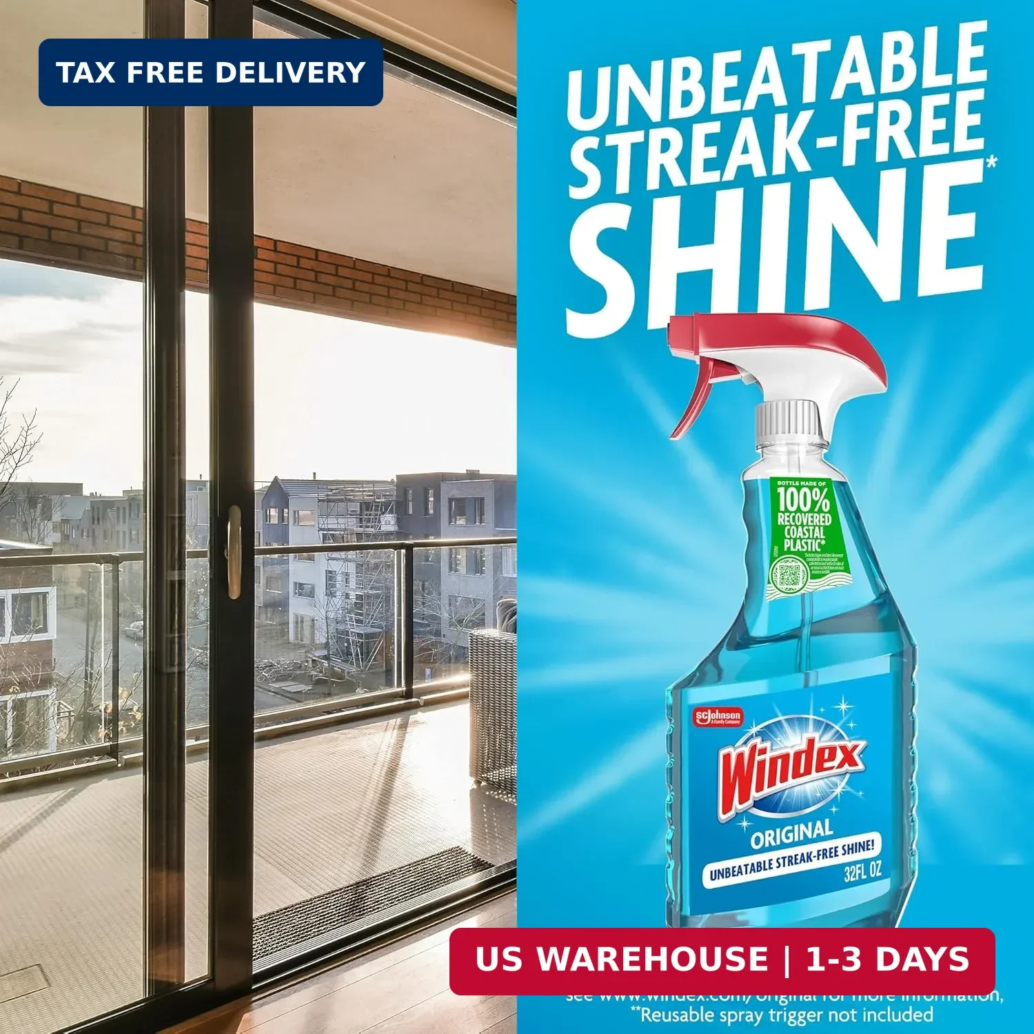 Windex Refill Glass and Window Cleaner Bottle, Bottle Made from 100% Recycled Pl