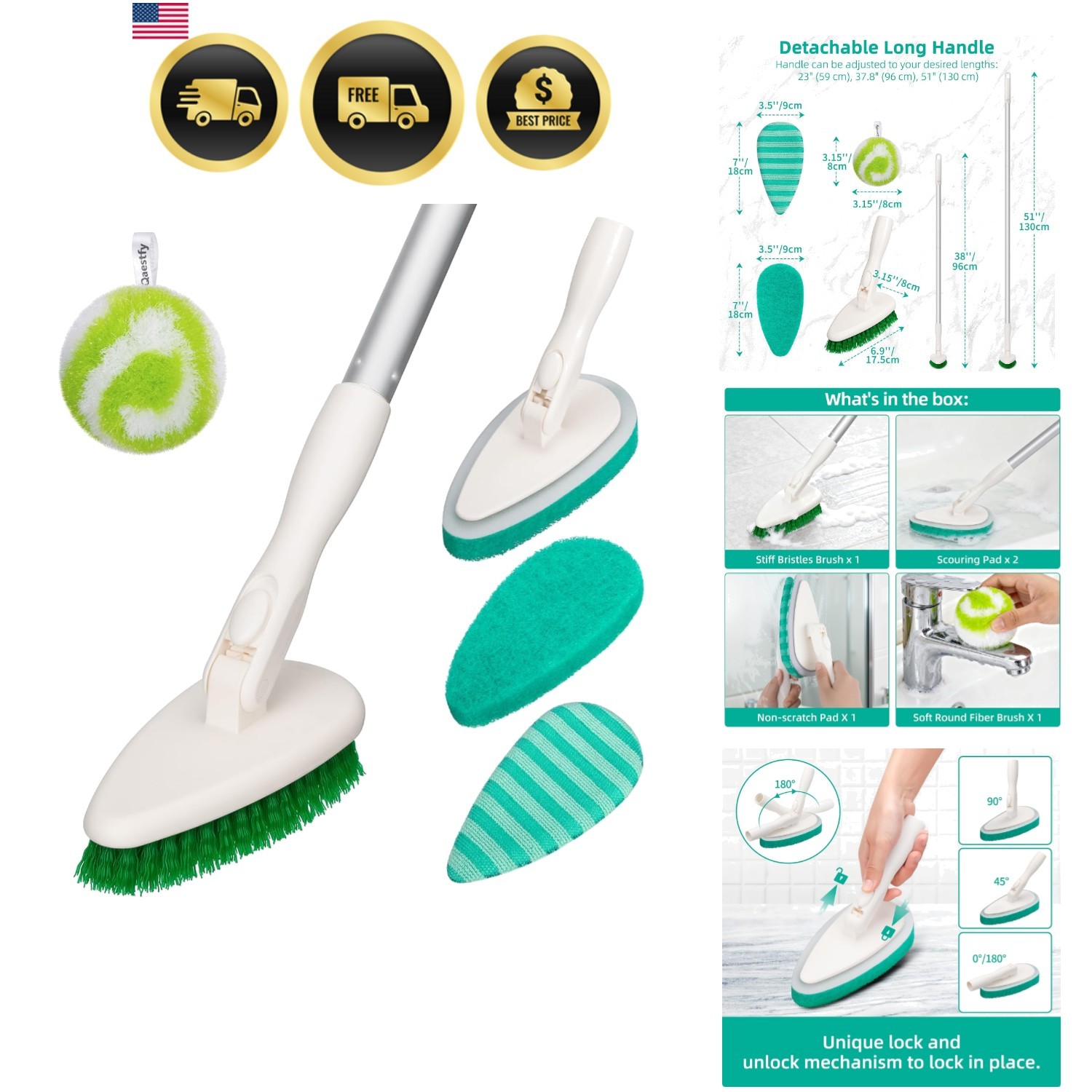 4-in-1 Tub and Tile Shower Scrubber, 51” Bathtub Cleaning Brush with Long Ha…