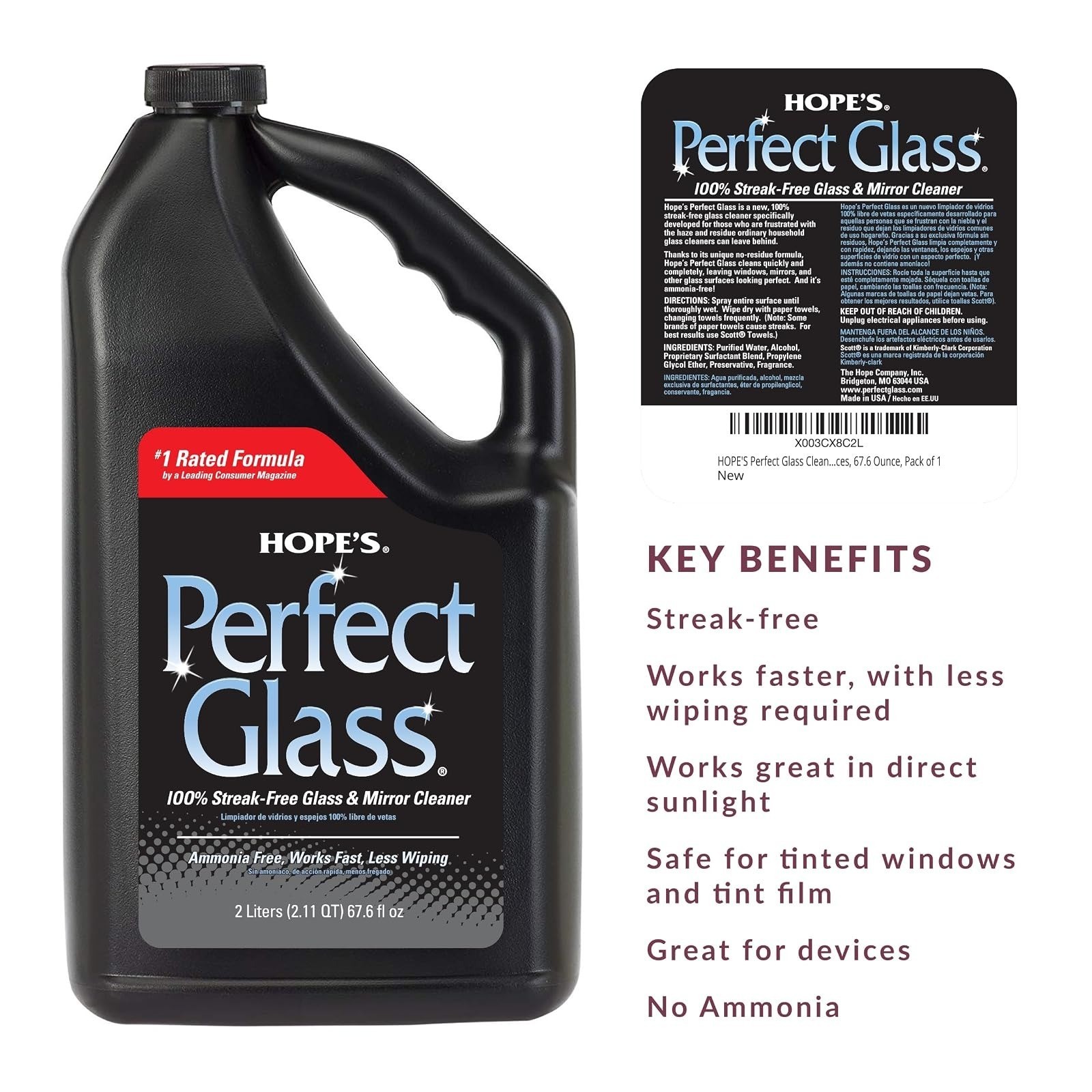 HOPE’S Perfect Glass Cleaner Spray Refill, Streak-Free, 67.6 Ounce