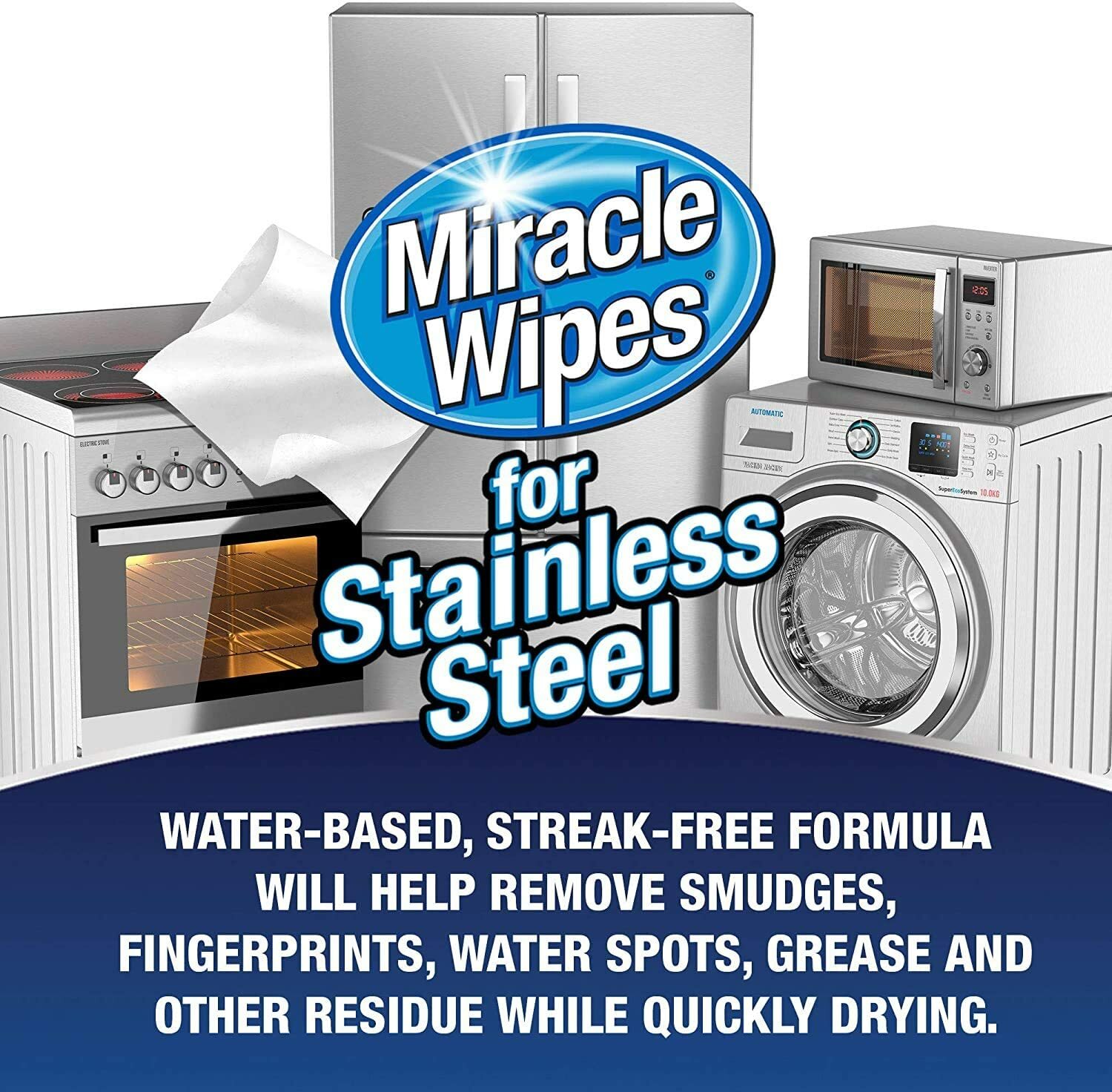 Miracle Brand STAINLESS STEEL APPLIANCE RANGE Streak-Free Cleaner Wipes 60ct
