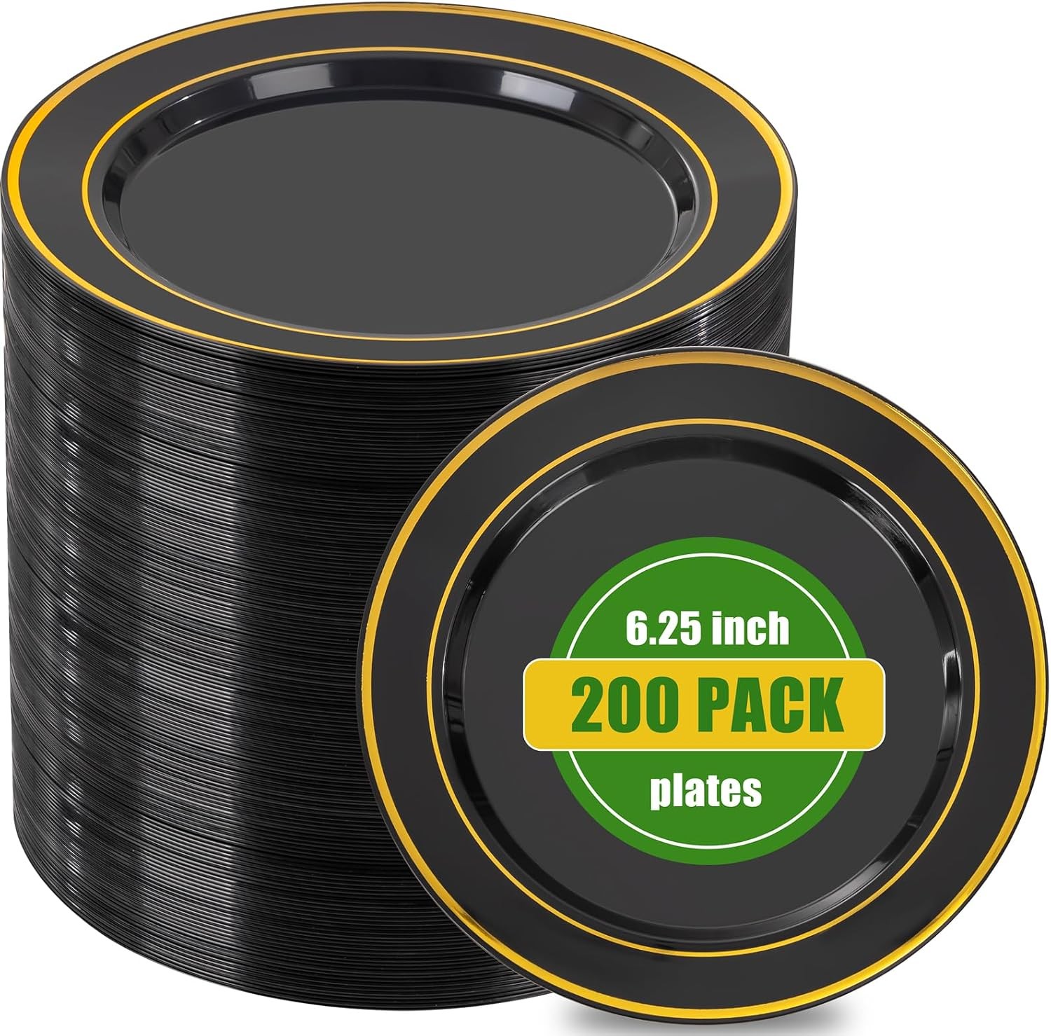 bUCLA 200PCS Black and Gold Plastic Plates – 6.25inch Black with Gold Rim Disp