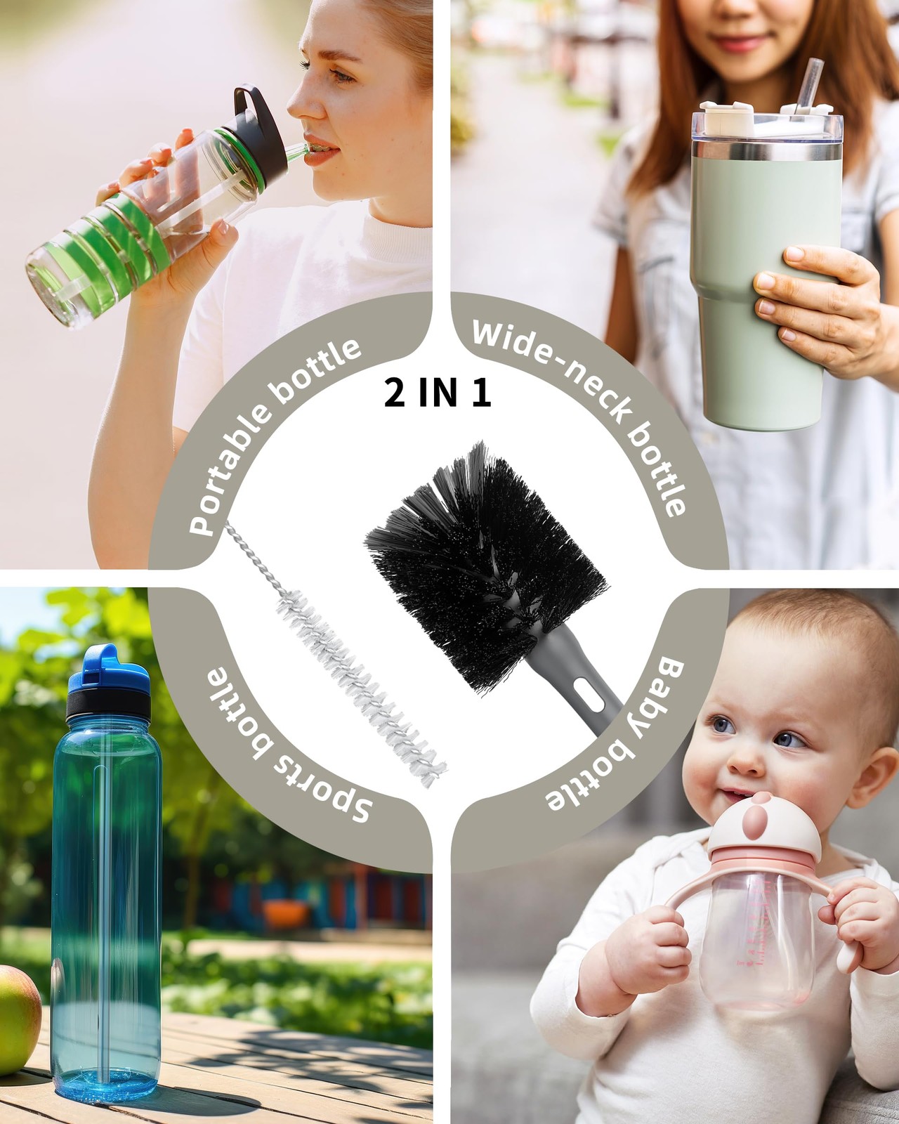 2 in 1 Long Handle Bottle Brush with Straw Brush for Cleaning Glass, Sports B…