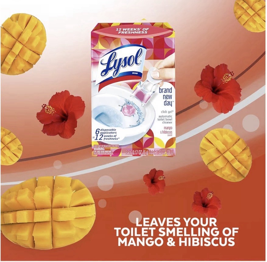 Lysol Click Gel Toilet Bowl Cleaner Mango & Hibiscus, Touch-Free, 6 Pack 1.02 oz