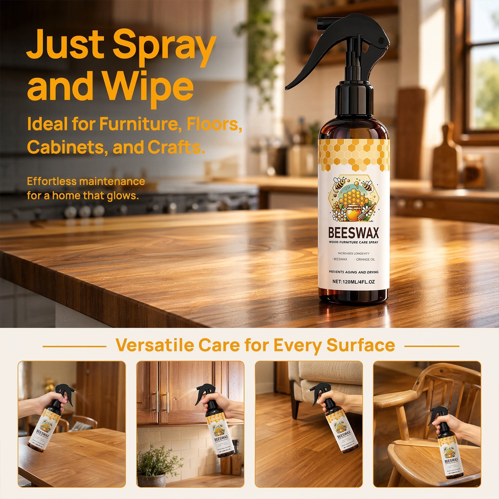 Natural Beeswax Wood Polish Spray – Furniture & Floor Cleaner Restorer