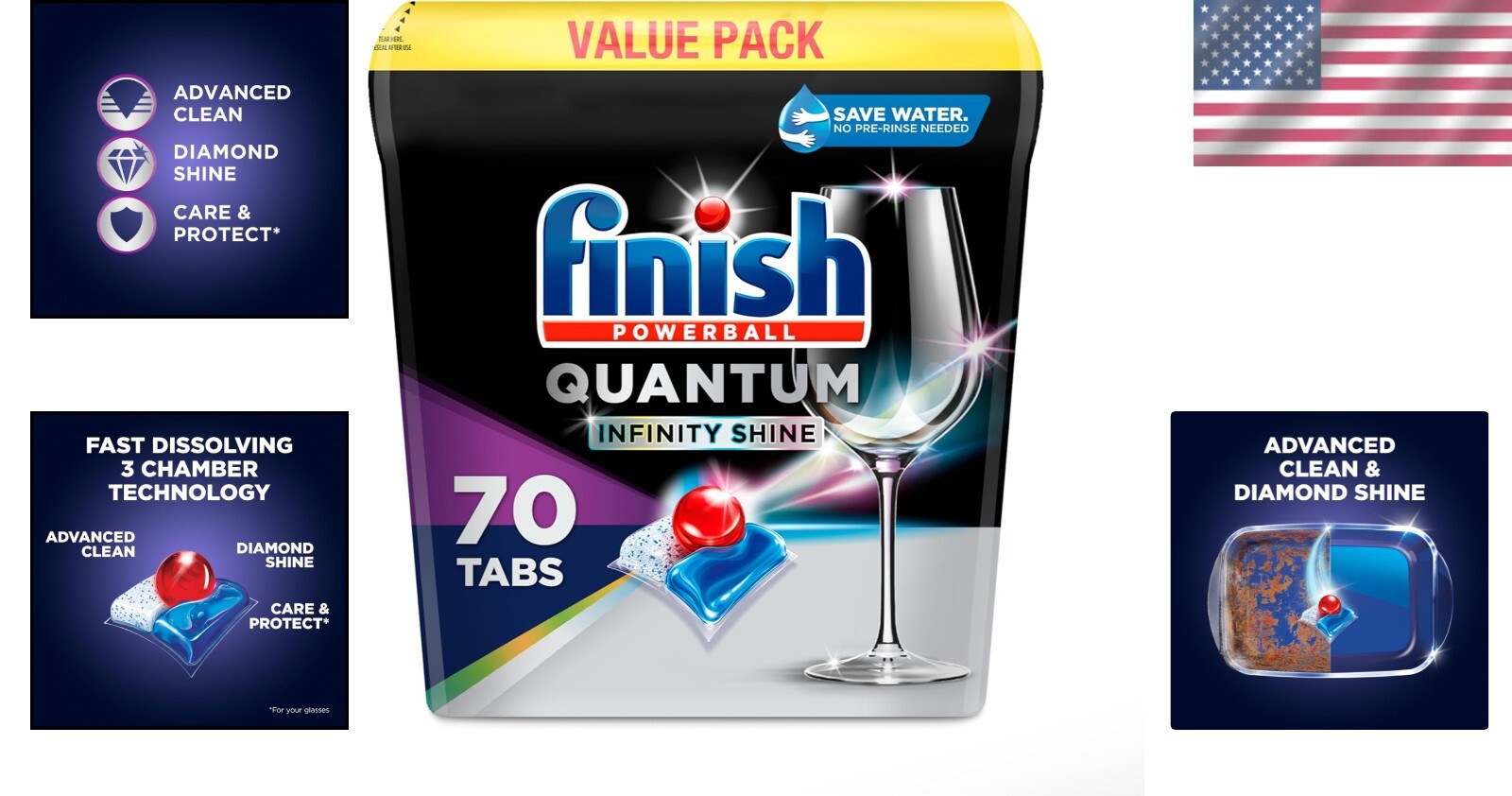 Powerful 70ct Quantum Infinity Shine Dishwasher Tablets – No Pre-Rinse Needed
