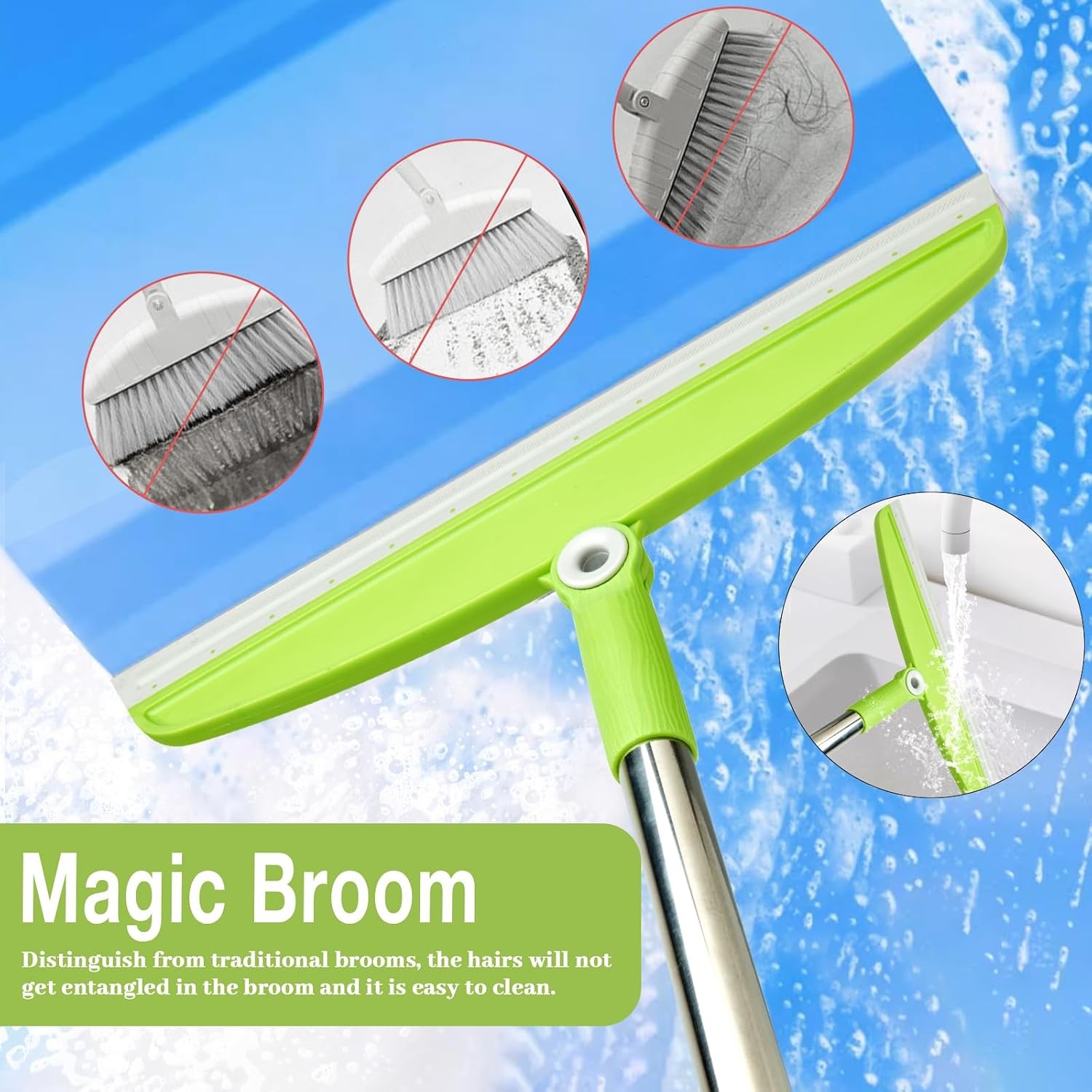 Multifunction Broom with Long Handle, Adjustable Rubber Squeegee Sweeping