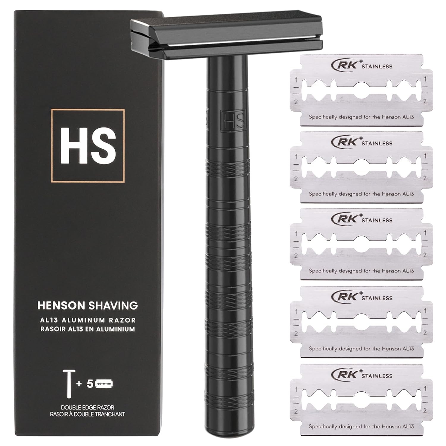 Henson Shaving Razor – Jet Black Double Edge Safety Razor with 5 Spare Blades