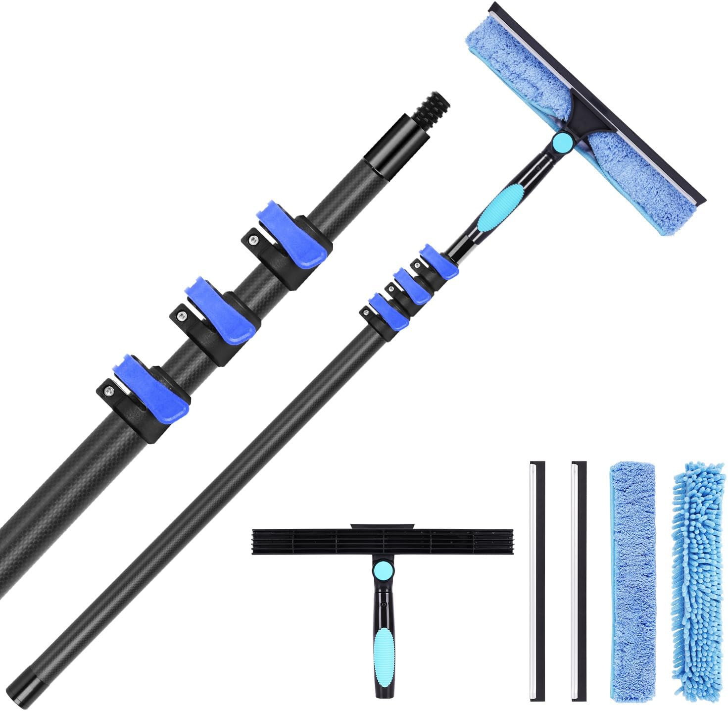 12-Foot Carbon Fiber Window Cleaner Tool with Telescopic Extension Pole, Rotatin