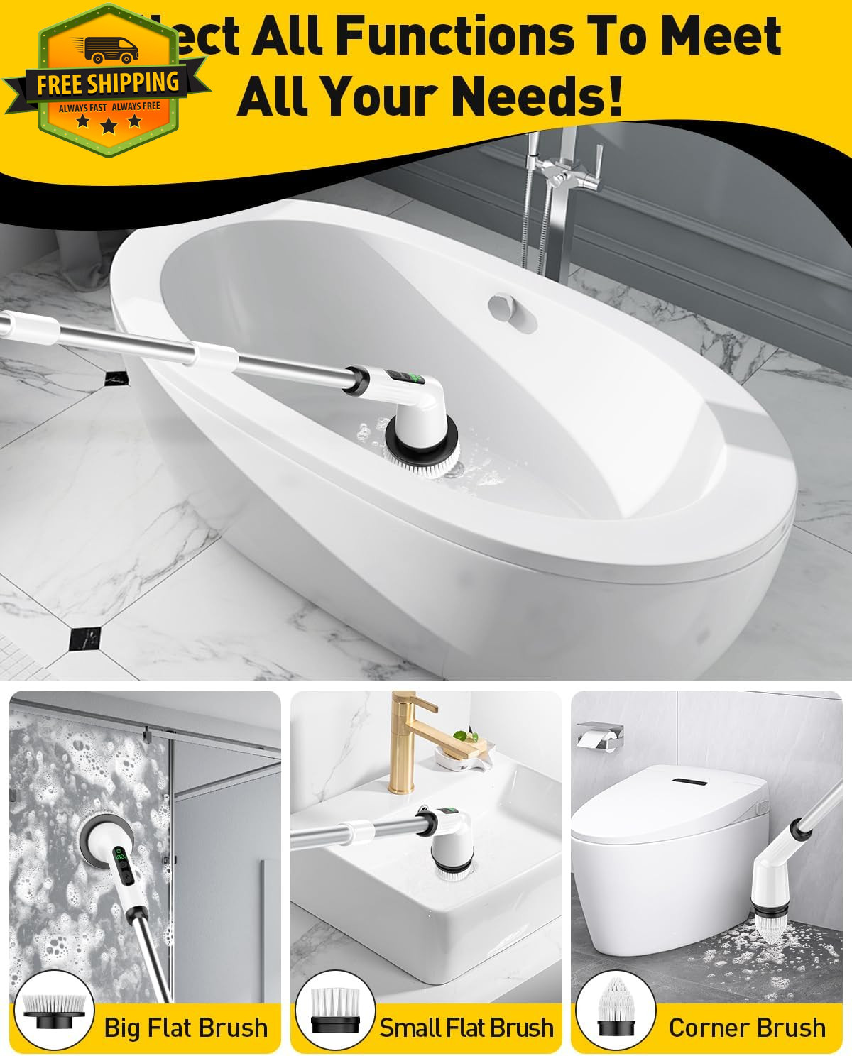 Electric Spin Scrubber Cordless Bathroom Cleaning Brush 2 Speed 3 Heads