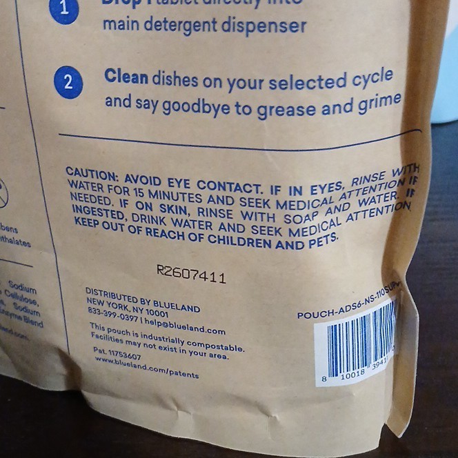 BLUELAND Dishwasher Detergent Tablets Fragrance Free 110 Loads Plastic-Free 2 pk