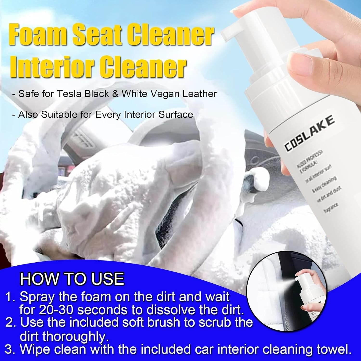 for Tesla Interior Cleaner Kit 9PCS, Foam Seat Cleaner Safe for Tesla Black &…