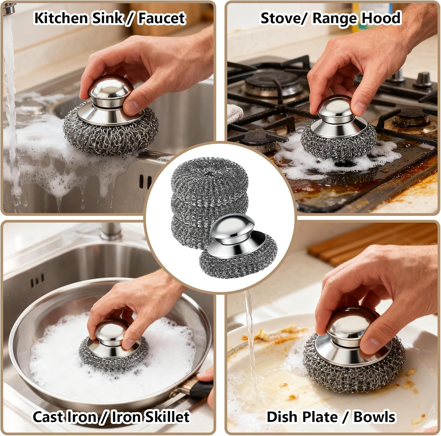 Steel Wool Scrubber, 4-Pack Stainless Steel Scrubber Pads with Handle – the Ulti