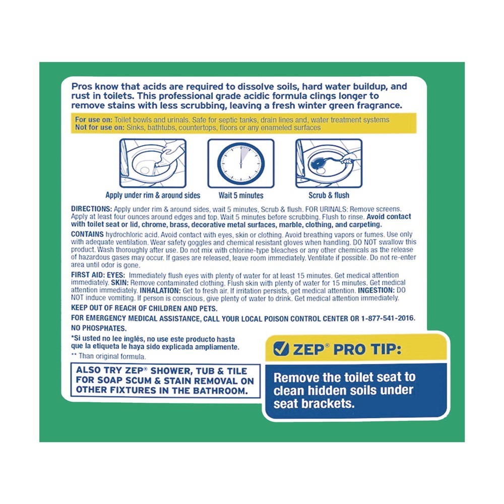 Zep Commercial ZUATBC32 32 oz Bottle Acidic Toilet Bowl Cleaner – Mint 12/CT New