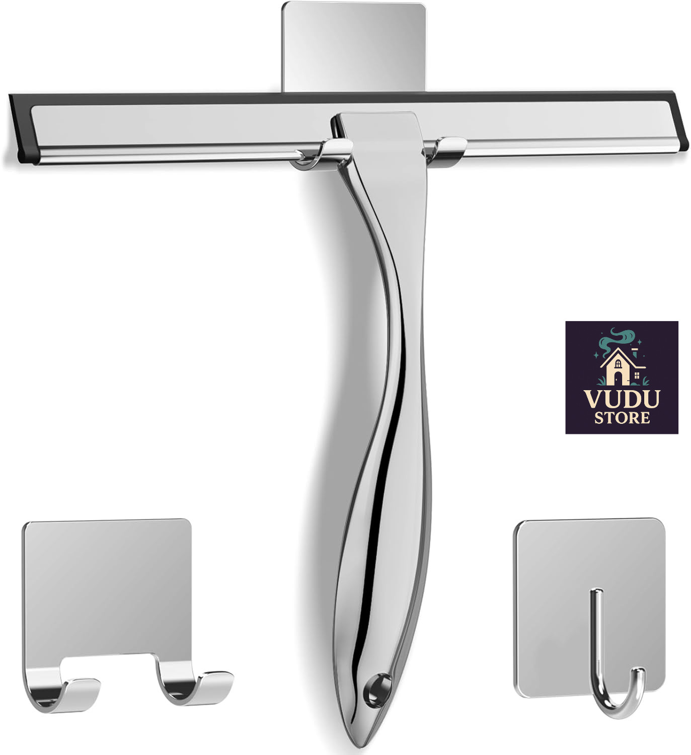 Stainless Steel Shower Squeegee with Hooks – Streak-Free, All-Purpose Cleaner