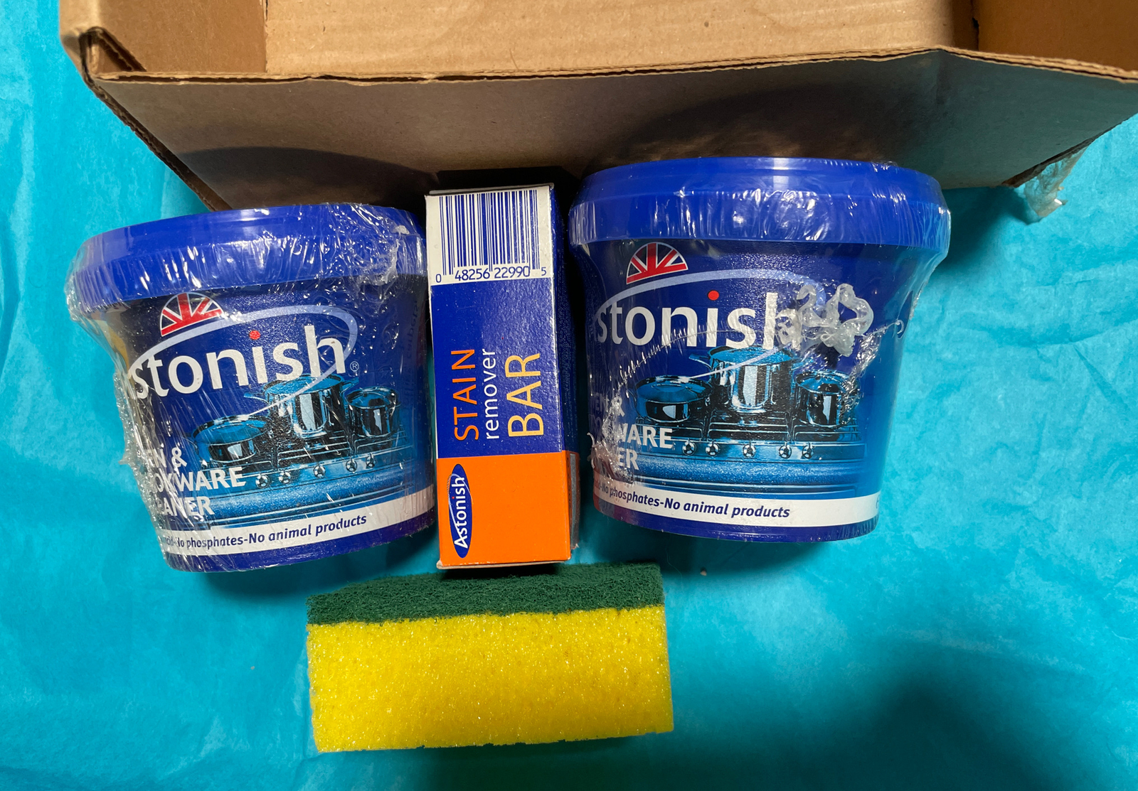 2 New Astonish Oven And Cookware Cleaner 17oz +Stain Remover Bar + Scrubber Set